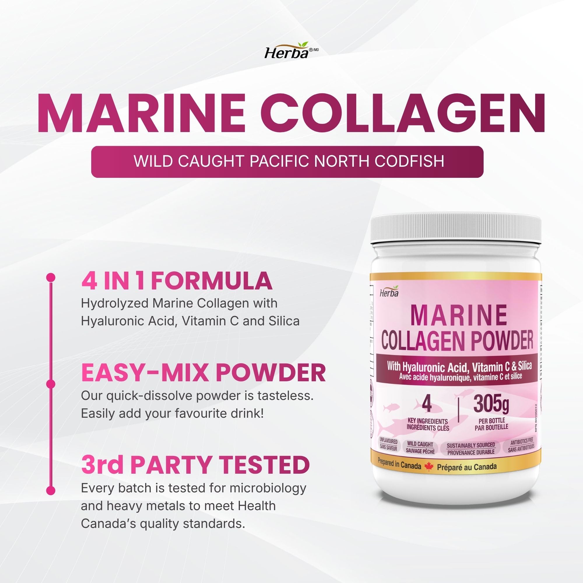 Herba Marine Collagen Powder for Women & Men with Hyaluronic Acid, Vitamin C, and Silica – 305g | Made in Canada | Wild Caught | Hydrolyzed Collagen Peptides | Antibiotics Free | Sustainably Sourced 🍁 All In One Marketplace Canada