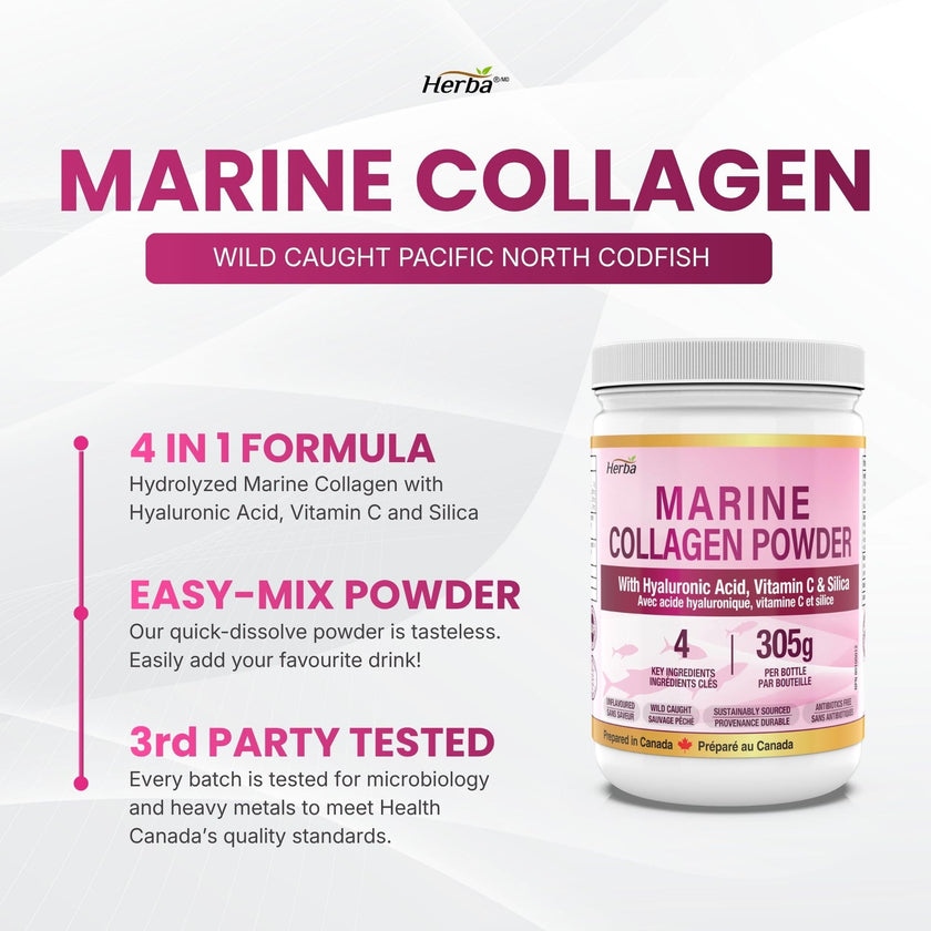 Herba Marine Collagen Powder for Women & Men with Hyaluronic Acid, Vitamin C, and Silica – 305g | Made in Canada | Wild Caught | Hydrolyzed Collagen Peptides | Antibiotics Free | Sustainably Sourced 🍁 All In One Marketplace Canada