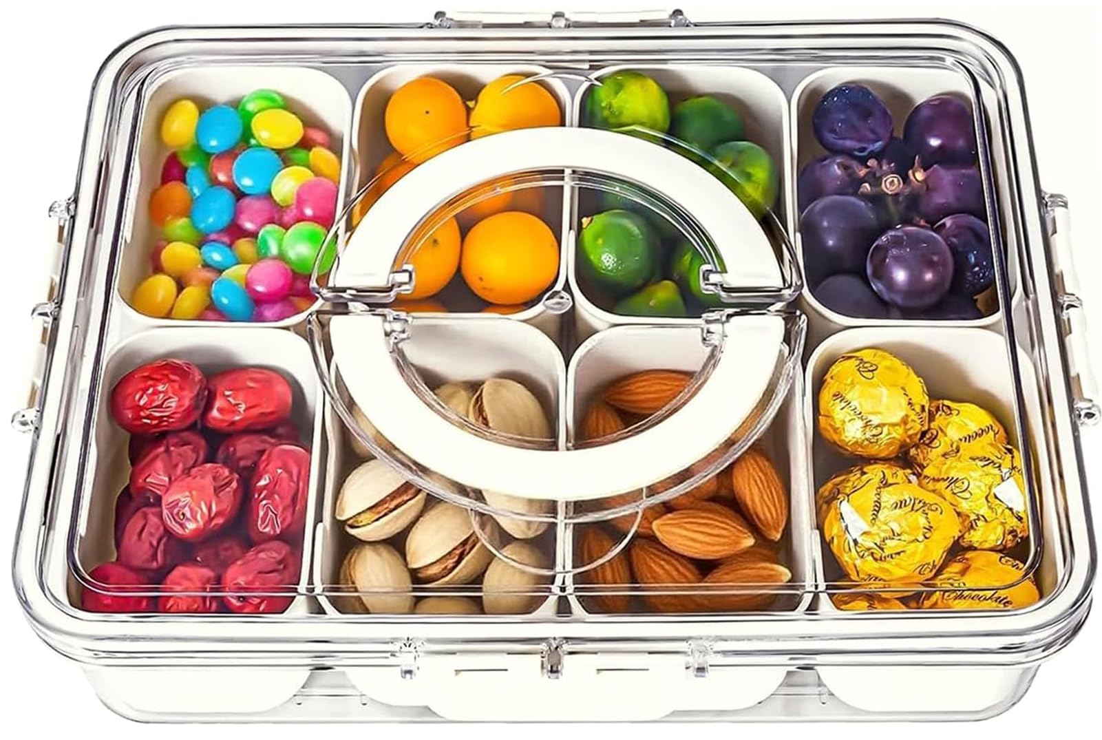 KIGITIONE Divided Snackle Box, 8 Compartments Portable Serving Tray with Lid and Handle, Clear Snack Platter Organizer for Fruits, Snacks, Nuts, Candy, Ideal for Party, Travel & Picnics 🍁 All In One Marketplace Canada