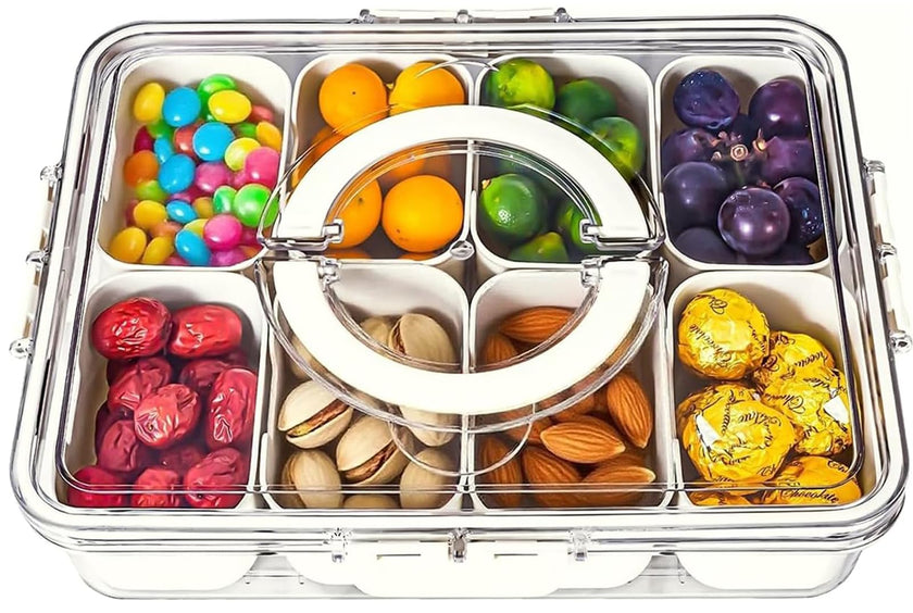 KIGITIONE Divided Snackle Box, 8 Compartments Portable Serving Tray with Lid and Handle, Clear Snack Platter Organizer for Fruits, Snacks, Nuts, Candy, Ideal for Party, Travel & Picnics 🍁 All In One Marketplace Canada