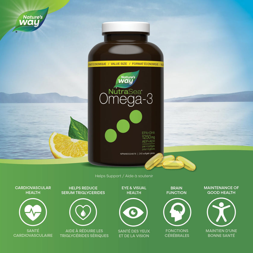 Nature's Way NutraSea Omega 3 Softgels Supplement with Fish Oil – Zesty Lemon Flavour – Heart & Brain Support for Kids Ages 6+ and Adults – EPA & DHA, 240 Softgels, Value Size 🍁 All In One Marketplace Canada