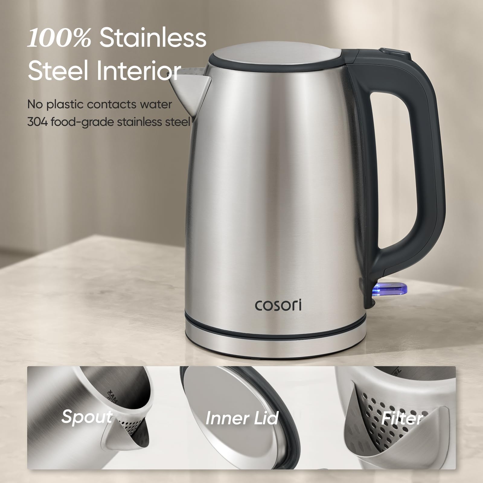Cosori Electric Kettle Stainless Steel, 1.7L Cordless, 1500W, Auto Shut-Off 🍁 All In One Marketplace Canada