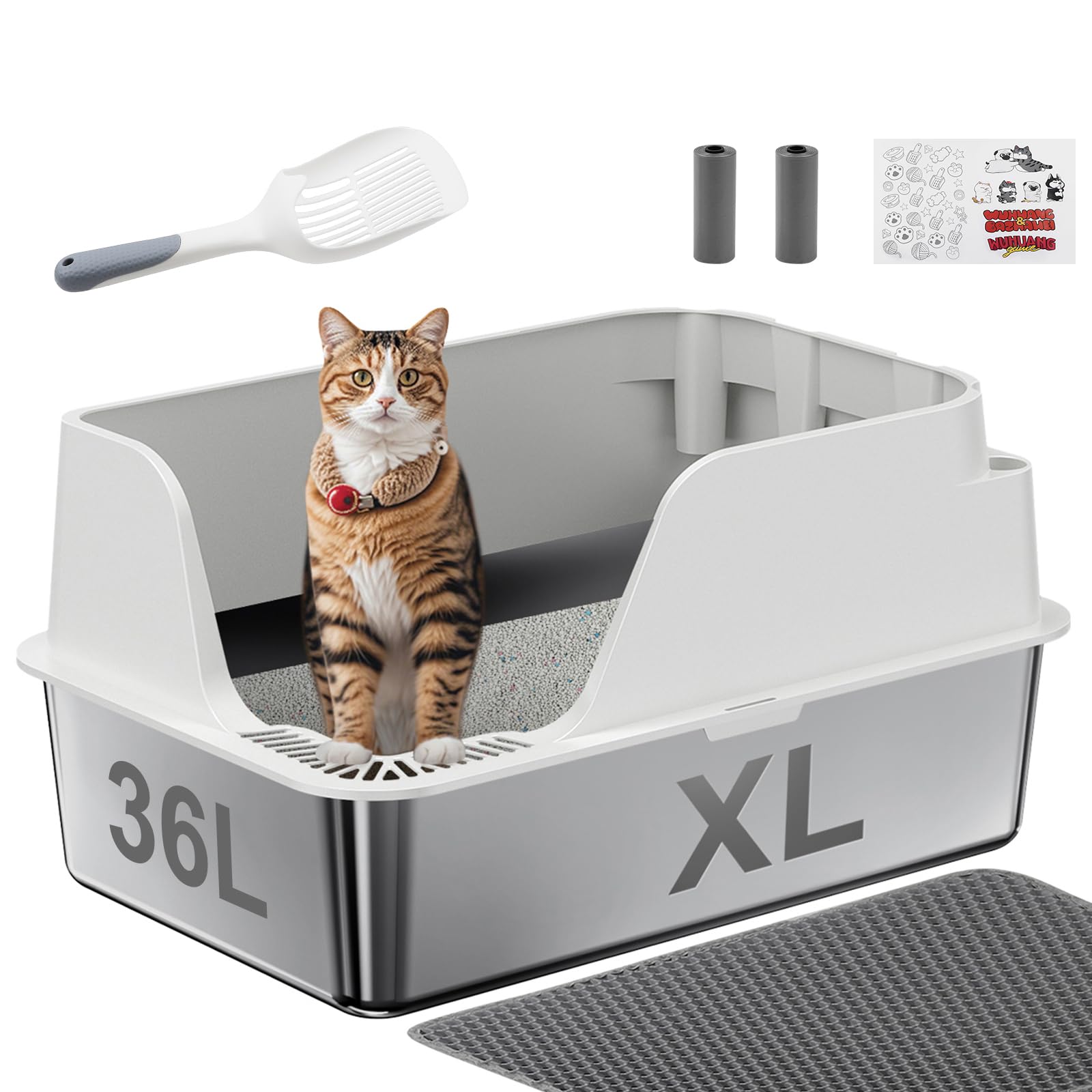 Stainless Steel Cat Litter Box with Lid, XL for Big Cats, High Sided Metal Litter Pan, Anti Leakage,Odor-Free & Easy Cleaning,Included Scoop &Trash Bag*2 & Mat & Sticker (White) 🍁 All In One Marketplace Canada