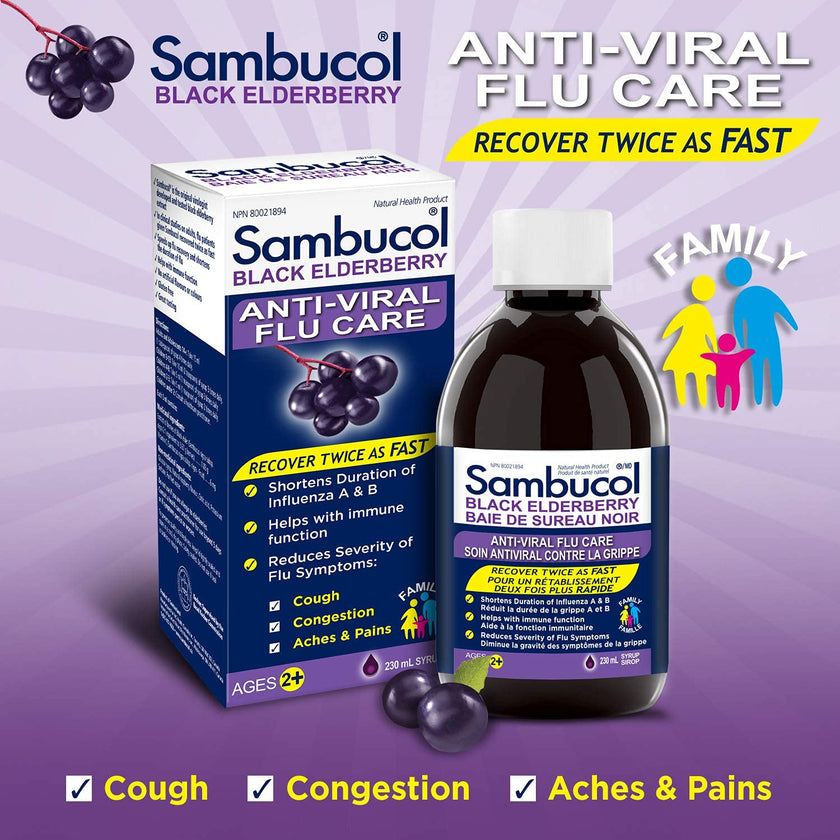Sambucol Black Elderberry Anti-Viral Flu Care | Quickly Relieves Cold & Flu Symptoms | Immune Support & Antioxidant | Ideal for Families | Syrup, 230 mL, blue 🍁 All In One Marketplace Canada