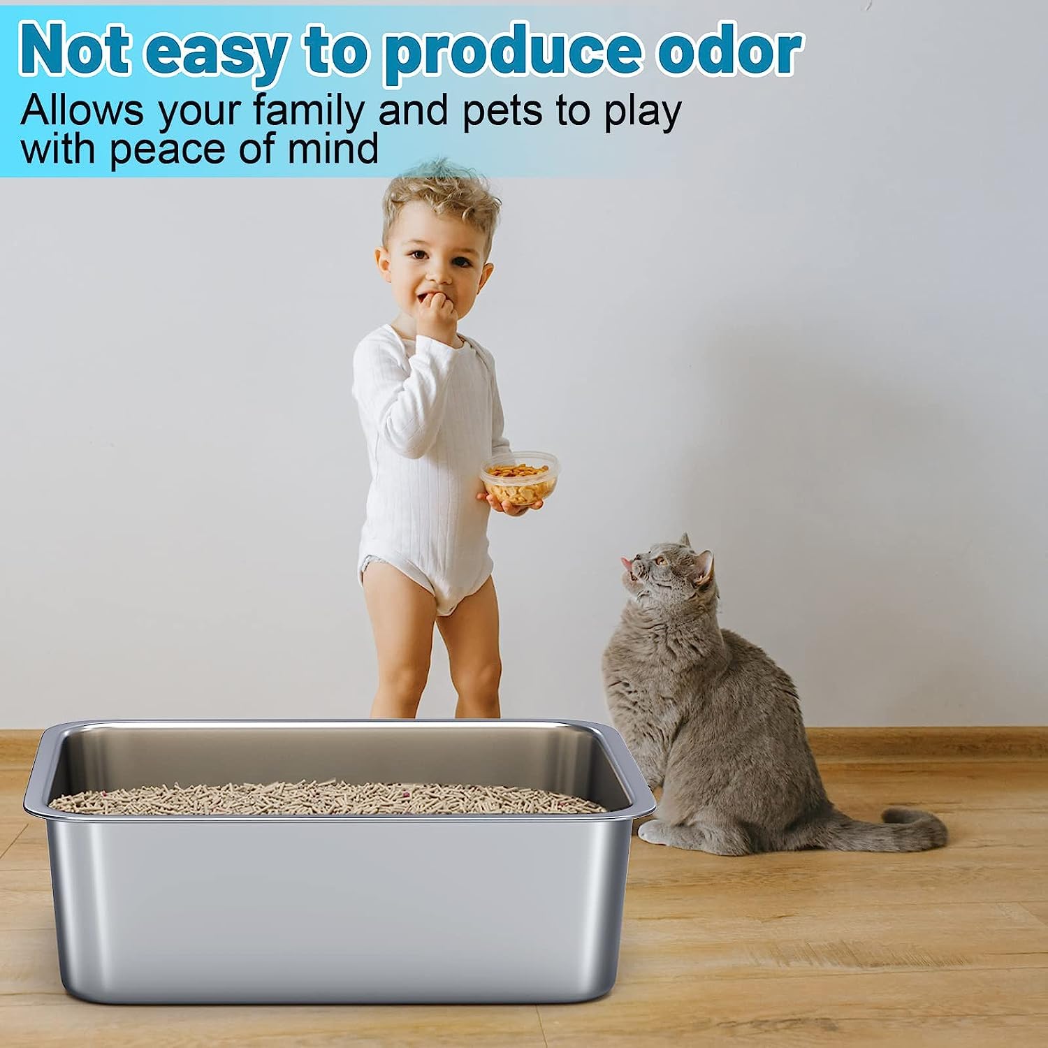 ZuHucpts Stainless Steel Cat Litter Box, Large Metal Litter Pan for Cats (20
