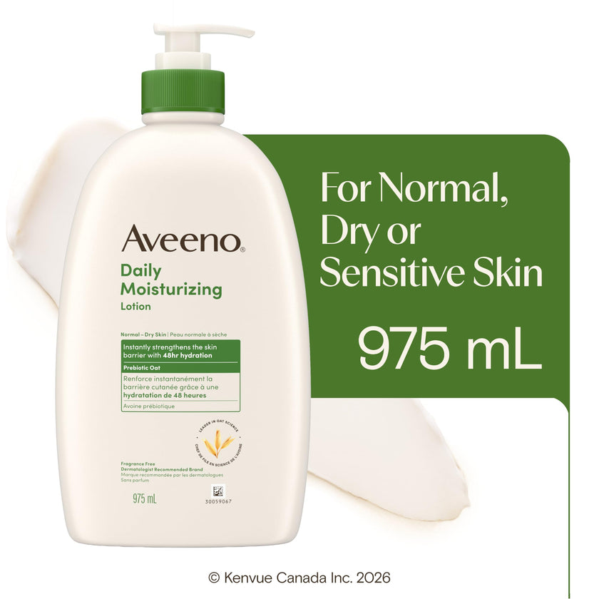 Aveeno Daily Moisturizing Body Lotion with Soothing Prebiotic Oat, Gentle Lotion Nourishes Dry Skin With Moisture, Paraben-, Dye- & Fragrance-Free, Non-Greasy & Non-Comedogenic, 975 ml 🍁 All In One Marketplace Canada