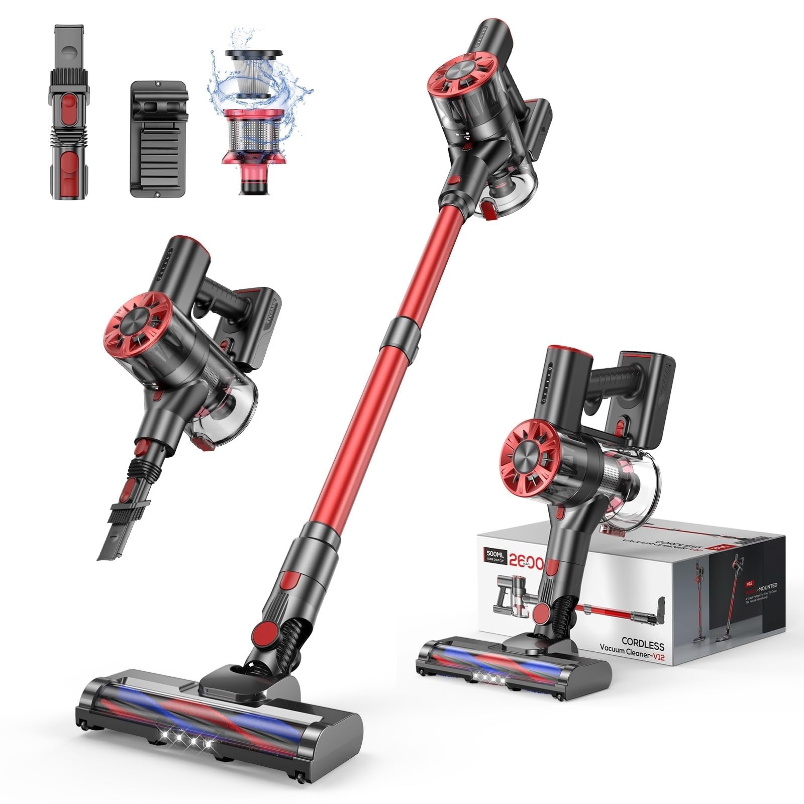 Cordless Vacuum Cleaner, 80,000PRM Stick Vacuum with 2 Powerful Suction Modes, Max 40 Mins Runtime, Protable 2600mAh Rechargeable Battery Vacuum Cleaner for Home (Pale Red) 🍁 All In One Marketplace Canada