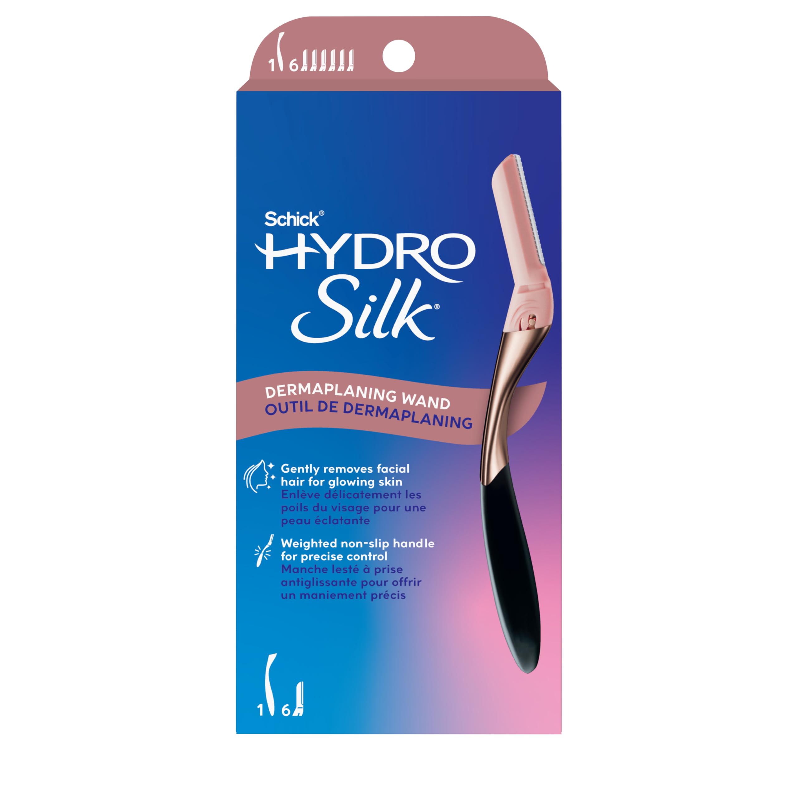 Schick Hydro Silk Dermaplaning Wand, Dermaplaning Tool for Face | Dermaplane Razor for Women Face, Eyebrow Razor, Peach Fuzz Remover, Includes 1 Weighted Metal Handle with 6 Refill Blades 🍁 All In One Marketplace Canada