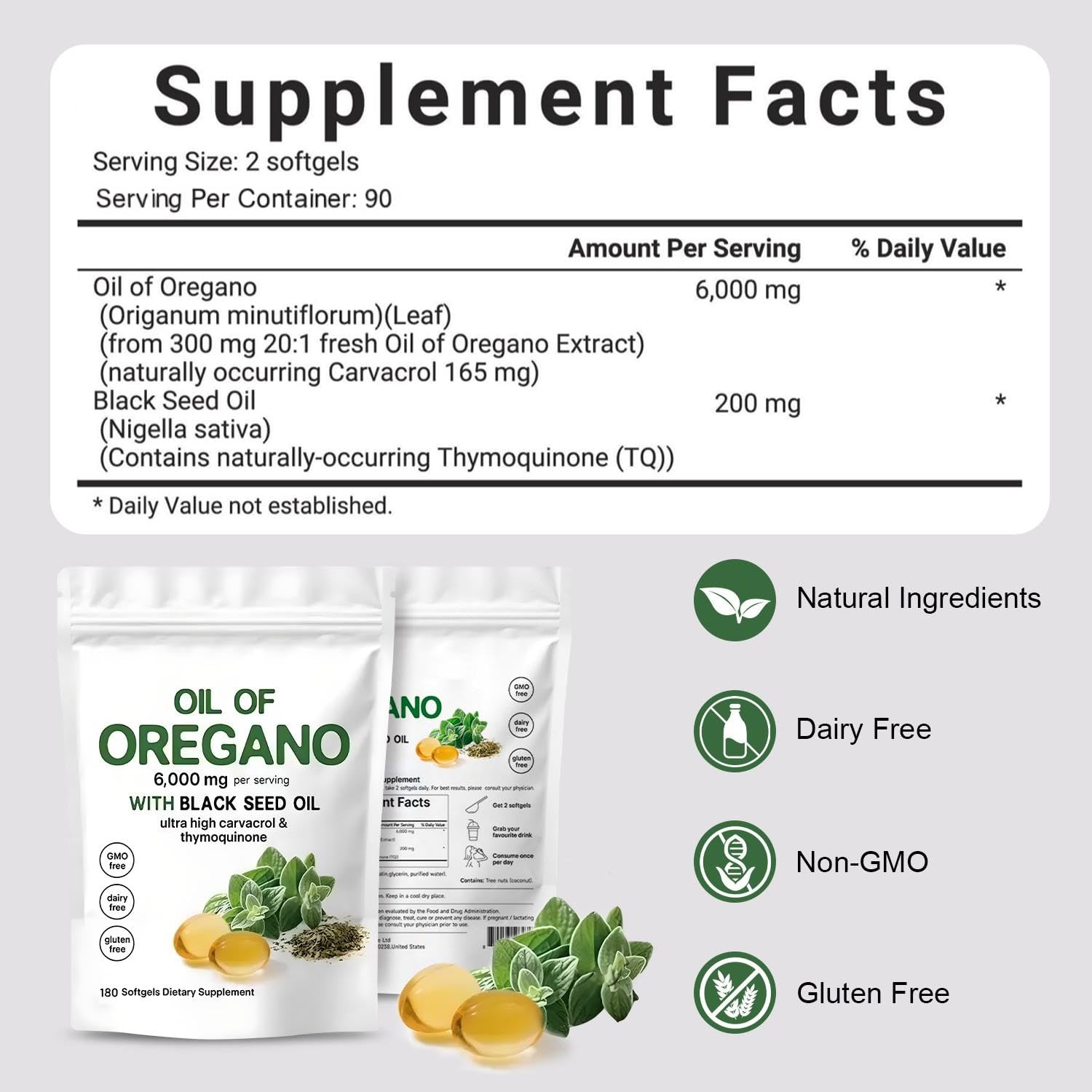 Oil of Oregano Softgels 6000mg Per Serving, 2 in 1 Formulated with Black Seed Oil 200mg, 4X Strength Carvacrol & Thymoquinone | Plant Based, Non-GMO & Immune Support (180 Count/1 Bag) 🍁 All In One Marketplace Canada