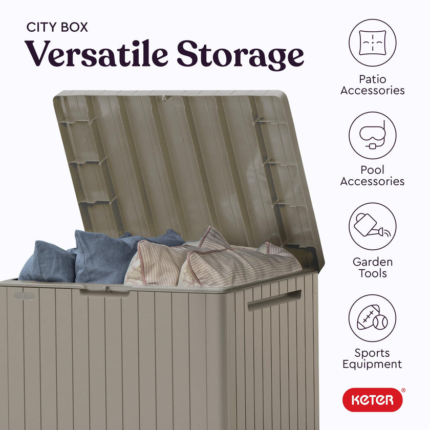 Keter City 30 Gallon Resin Outdoor Storage Box and Patio Furniture Side Table for Pool and Garden Accessories, Beige 🍁 All In One Marketplace Canada