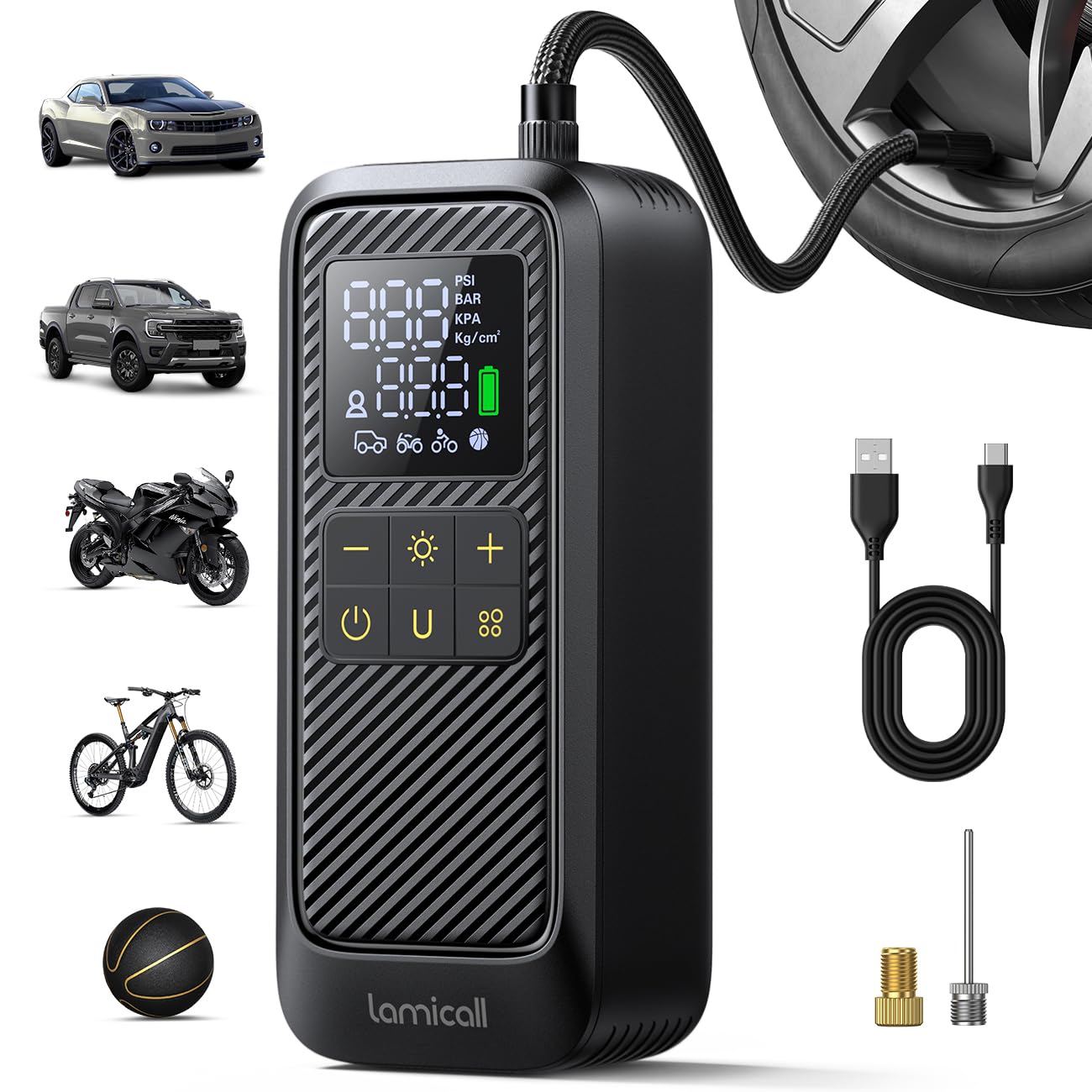 Lamicall Tire Inflator Portable Air Compressor - [5X Faster Inflation] Air Pump with Digital Pressure Gauge & LED Light, 150PSI Electric Tyre Pump for Car Motorcycle Wheel Simulator, Wheel, Mom Gift 🍁 All In One Marketplace Canada
