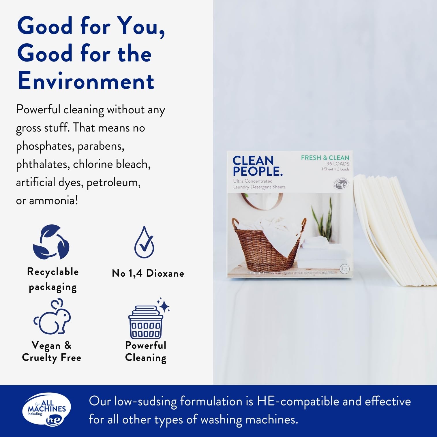 Clean People Laundry Detergent Sheets - Recyclable Packaging, Hypoallergenic, Stain Fighting - Ultra Concentrated, Laundry Soap - Fresh Scent, 96 Pack 🍁 All In One Marketplace Canada