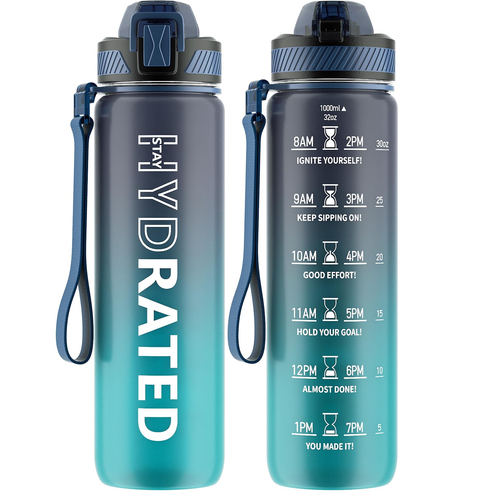 QLUR Water Bottle with Straw, 32oz Sports Motivational Water Bottle with Time Markings to Drink & Carry Strap & Clean Brush, 1L, Tritan, BPA Free, LeakProof for Women Men Gym Fitness Outdoor (1 Pack) 🍁 All In One Marketplace Canada