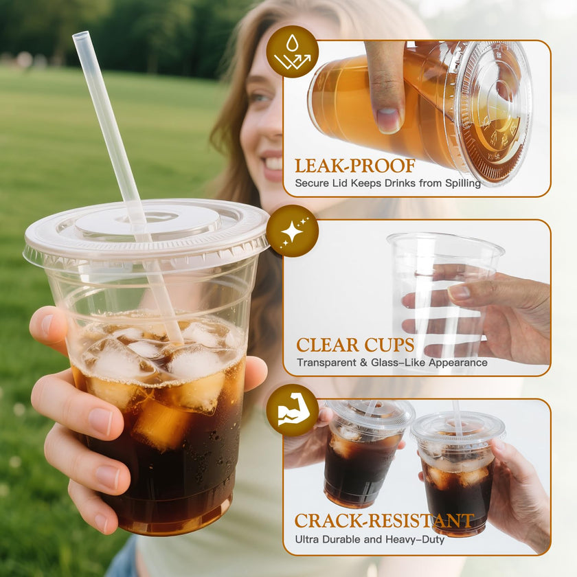 Joyeux 100 Pack 16 oz Clear Plastic Cups with Lids and Straws - Disposable Iced Coffee Cups for Matcha, Milkshakes, Smoothies and to go Drinks 🍁 All In One Marketplace Canada