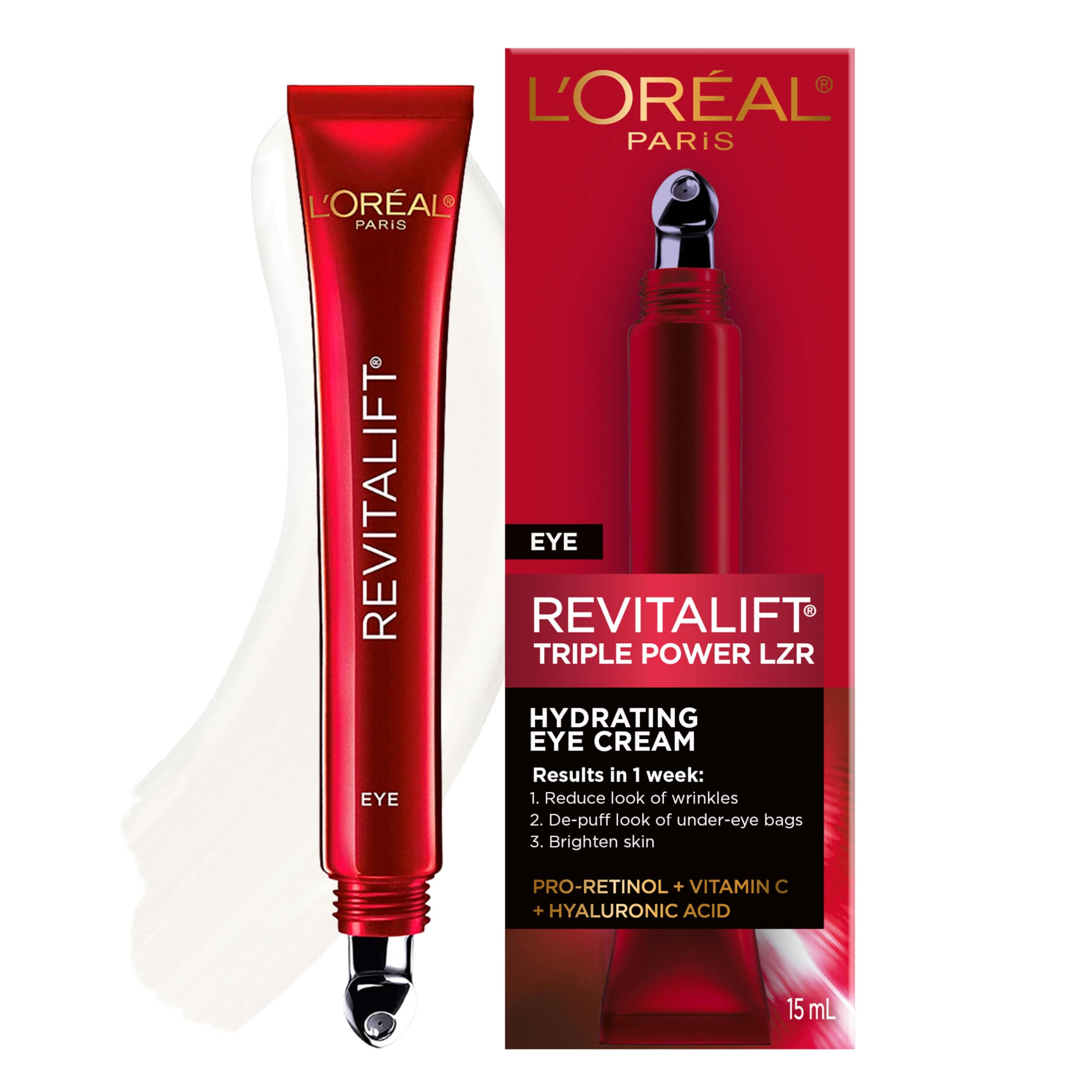 L’Oréal Paris Eye Cream For Wrinkles, with Hyaluronic Acid, Vitamin C, Under Eye Cream to Reduce Look of Wrinkles and Under-Eye Bags, Revitalift Triple Power LZR, Skincare, 15ml 🍁 All In One Marketplace Canada