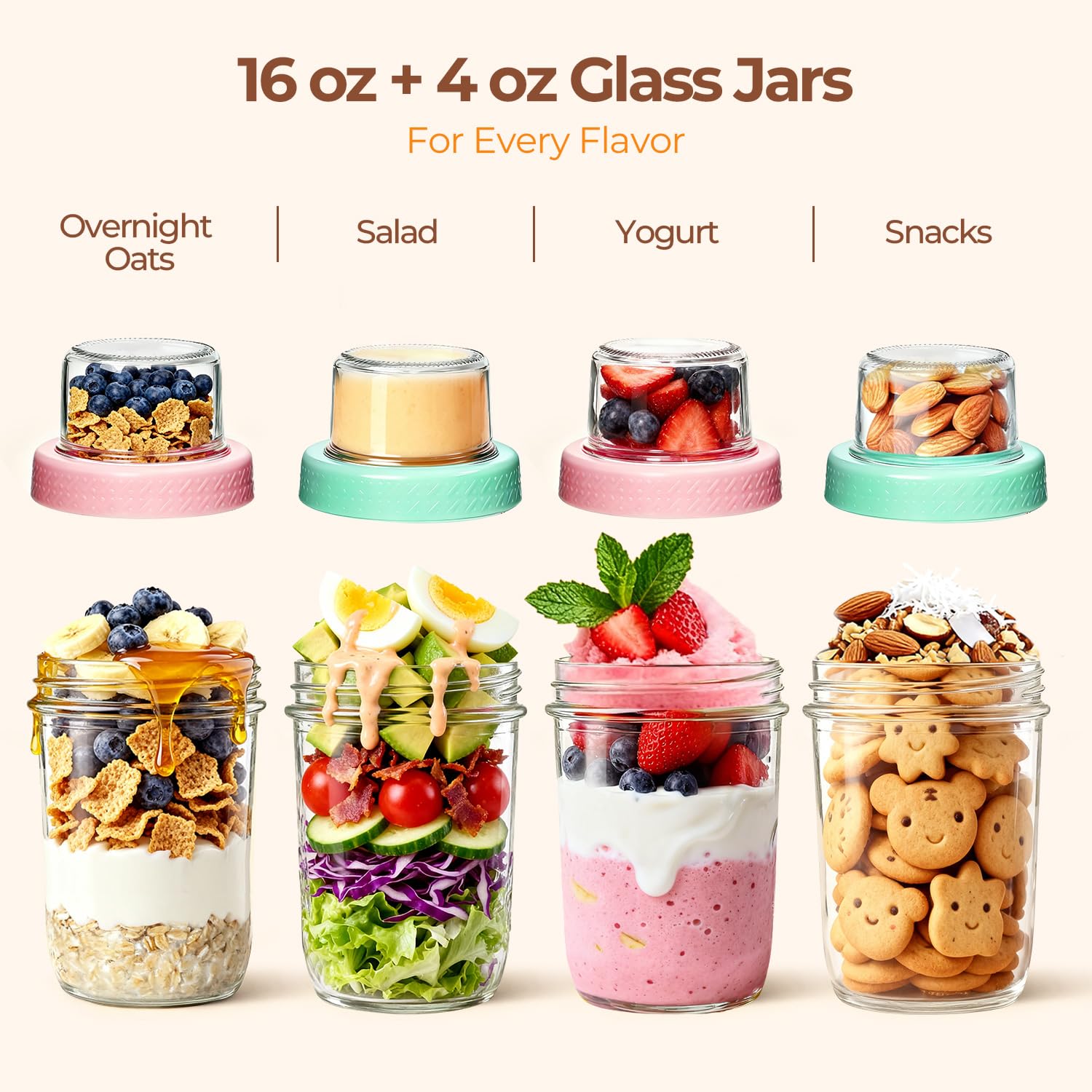 ComSaf Overnight Oats jars with Lids （16oz+4oz 4Pcs）, Dual-Laryer Chia Pudding Jars with Dry and Wet Separation, Yogurt Parfait Contianer for Oatmeal Cereal Nut Fruit, Meal Prep Glass Jars for Salad 🍁 All In One Marketplace Canada