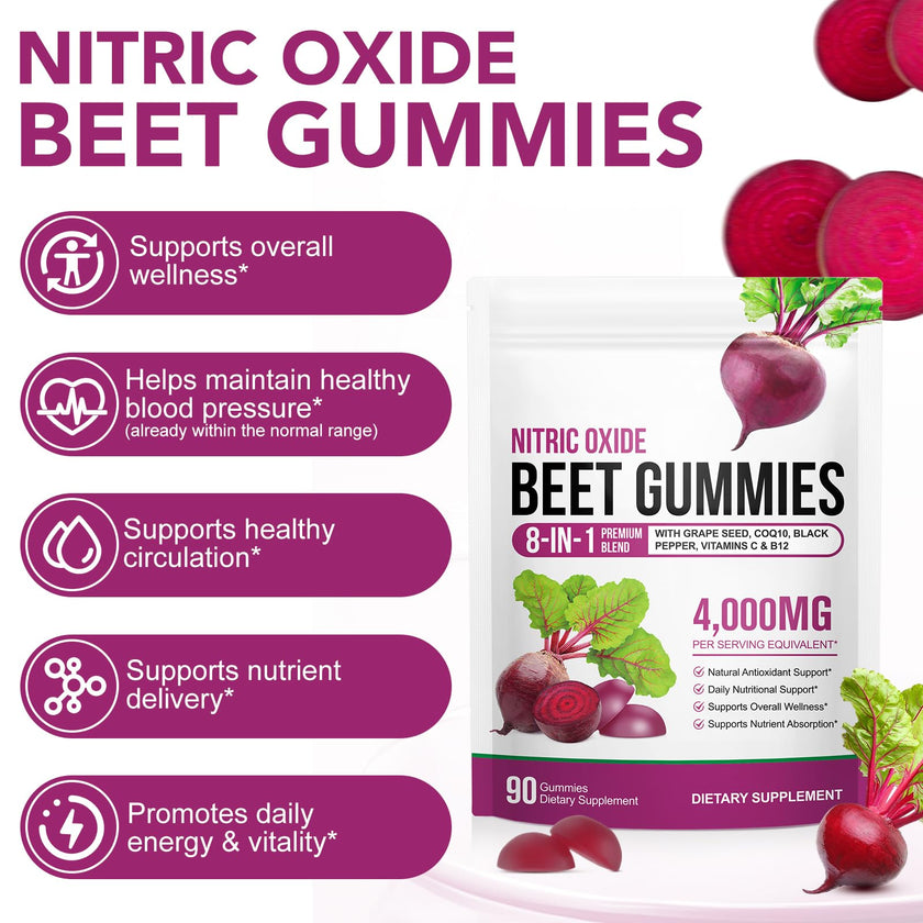 Beetroot Gummies, 90 Count - Non-GMO Beet Root Supplement for Healthy Circulation & Energy - Natural Vegan Fruit Flavor 🍁 All In One Marketplace Canada