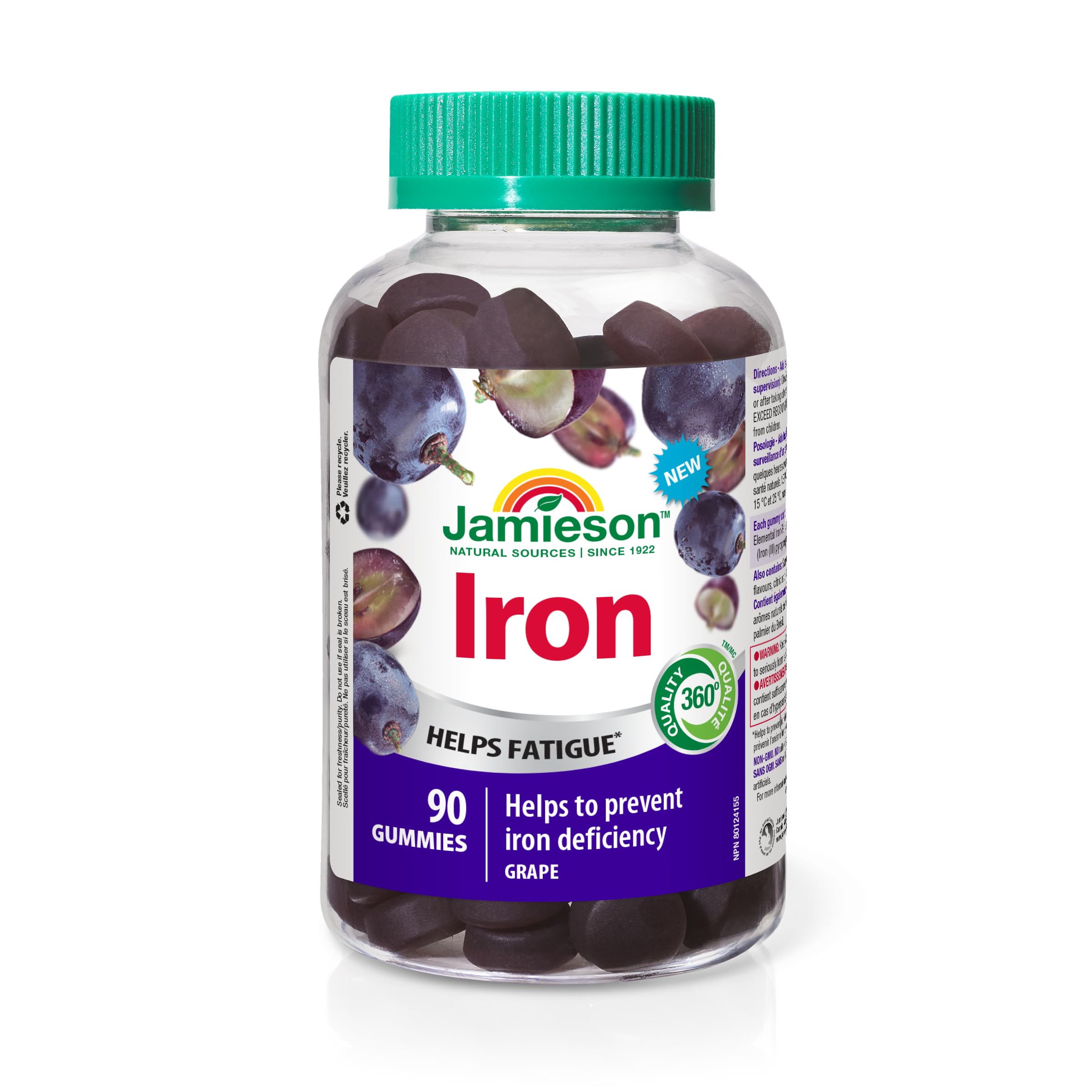 Jamieson Iron Gummies Grape Flavour, 90 Gummies, Supports Overall Health, Helps with Fatigue, Prevents Deficiency and Anemia. Vegetarian, Non-GMO, No Artificial Colours, Flavours or Preservatives 🍁 All In One Marketplace Canada