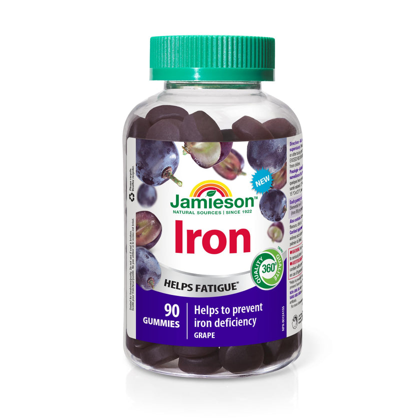Jamieson Iron Gummies Grape Flavour, 90 Gummies, Supports Overall Health, Helps with Fatigue, Prevents Deficiency and Anemia. Vegetarian, Non-GMO, No Artificial Colours, Flavours or Preservatives 🍁 All In One Marketplace Canada