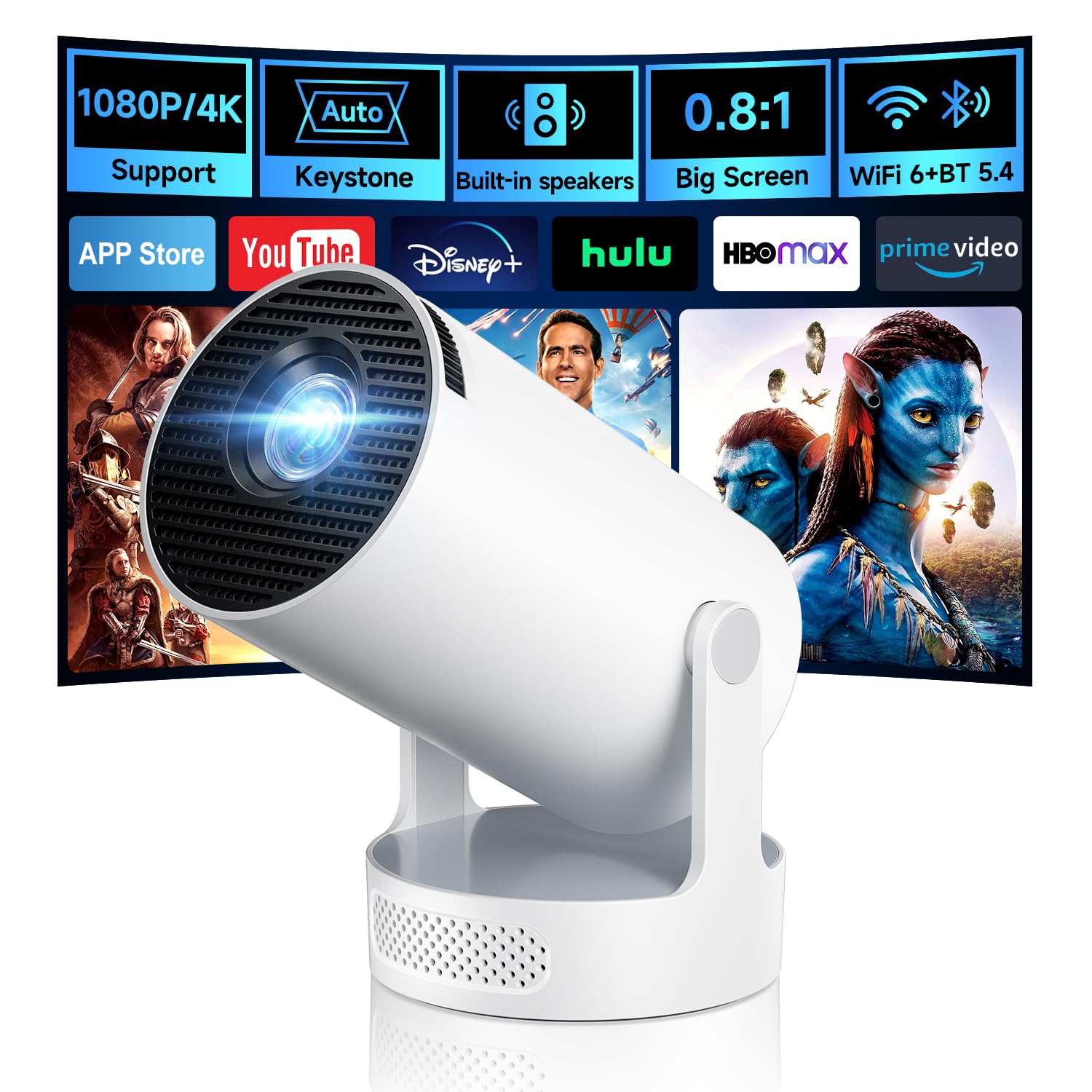 Kimwood Projector with Upgraded HiFi Speaker, [Built-in Apps] 1080P Mini Portable Projector Lower Noise Auto Keystone WiFi 6 Bluetooth 5.4 Ultra Short Throw Projectors Big Screen in Small Room 🍁 All In One Marketplace Canada