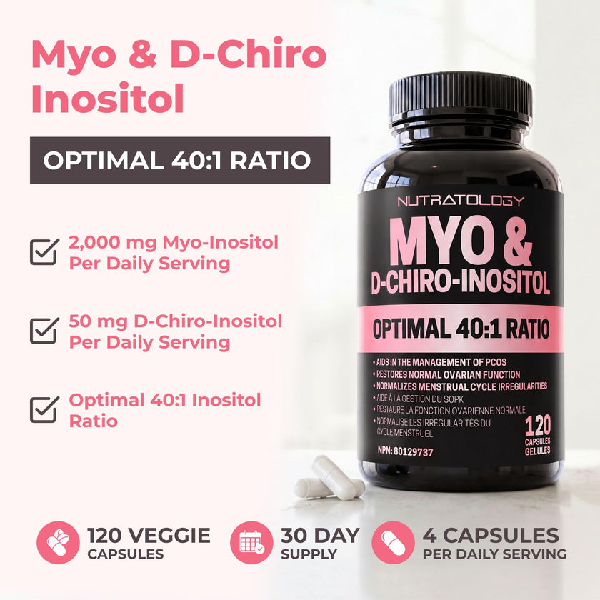Nutratology® Myo-Inositol & D-Chiro Inositol Capsules - PCOS Supplement for Women - Optimal 40:1 Ratio - For Hormonal Balance & Healthy Ovarian Function - Regulates Menstrual Cycle - 120 Capsules 🍁 All In One Marketplace Canada