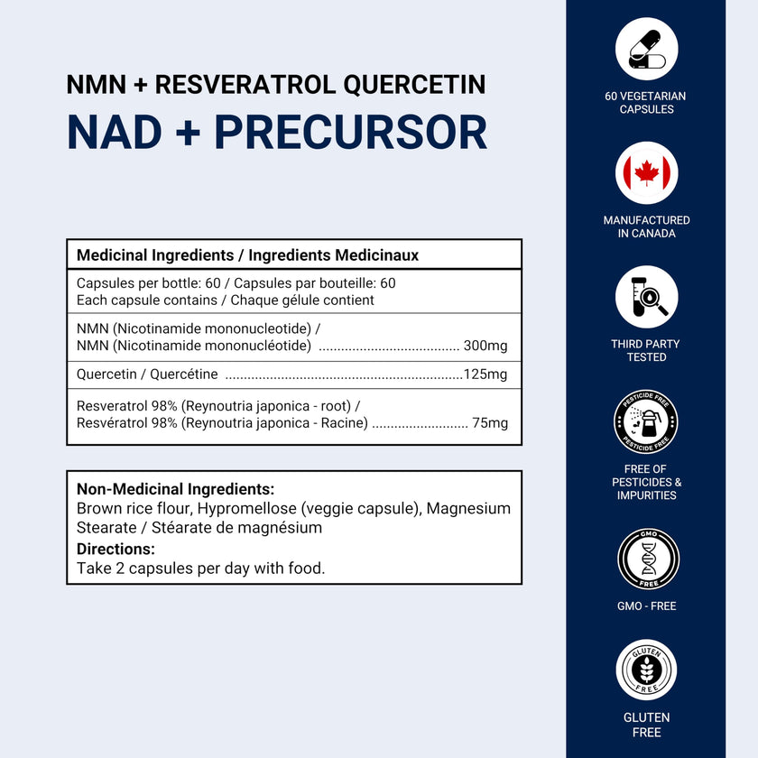 NMN w/Quercetin & Resveratrol For Enhanced NAD+ Levels - More Effective Than NMN Alone, High Purity 99% Nicotinamide Mononucleotide & Resveratrol For Cellular Health, NAD Supplement, 60 Capsules 🍁 All In One Marketplace Canada