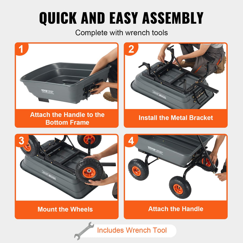 VEVOR Dump Cart, Poly Garden Dump Cart with Easy to Assemble Steel Frame, Dump Wagon with 2-in-1 Convertible Handle, Utility Wheelbarrow 600 lbs Capacity, 10 inch Tires 🍁 All In One Marketplace Canada