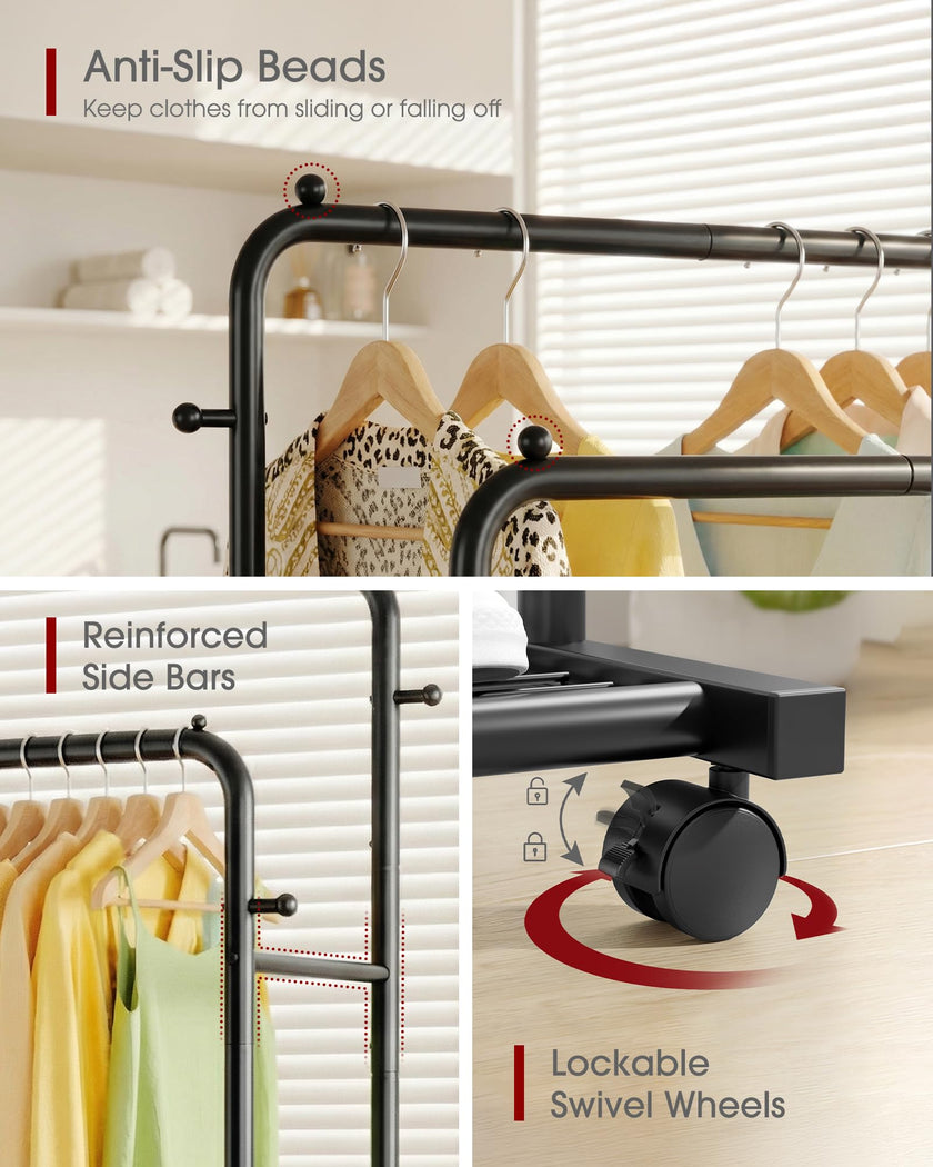 Sakugi Double-Rod Metal Clothing Rack with Wheels, Black 🍁 All In One Marketplace Canada
