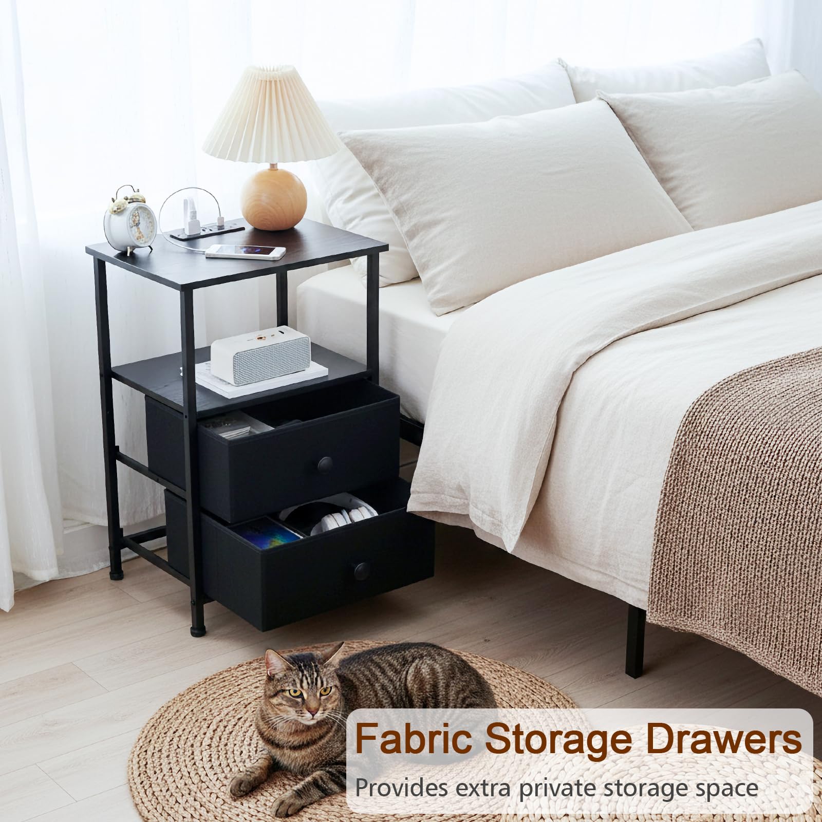 LOAKEKEL Night Stands Set 2, Bedside Table with Charging Station and LED Light, Nightstand with 2 AC Outlets and USB Ports, End Table with 2 Fabric Drawers for Bedroom, Living Room, Black, HETS02BK 🍁 All In One Marketplace Canada