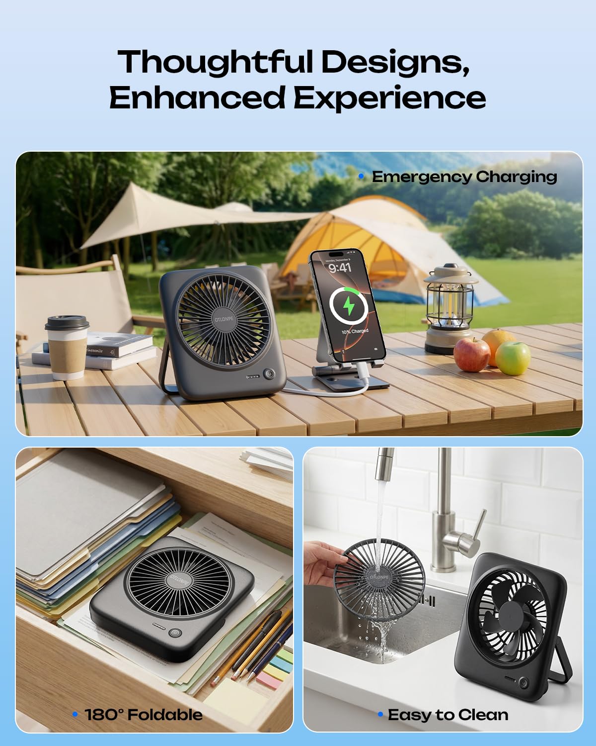 Otlonpe Personal Portable Desk Fan, 4000mAh Small Rechargeable Portable Fan Battery Operated & USB Powered for Travel Sleeping Bedroom Office Home Table, Cordless, Quiet, 4-Speed, 6.5 Inch (Black) 🍁 All In One Marketplace Canada