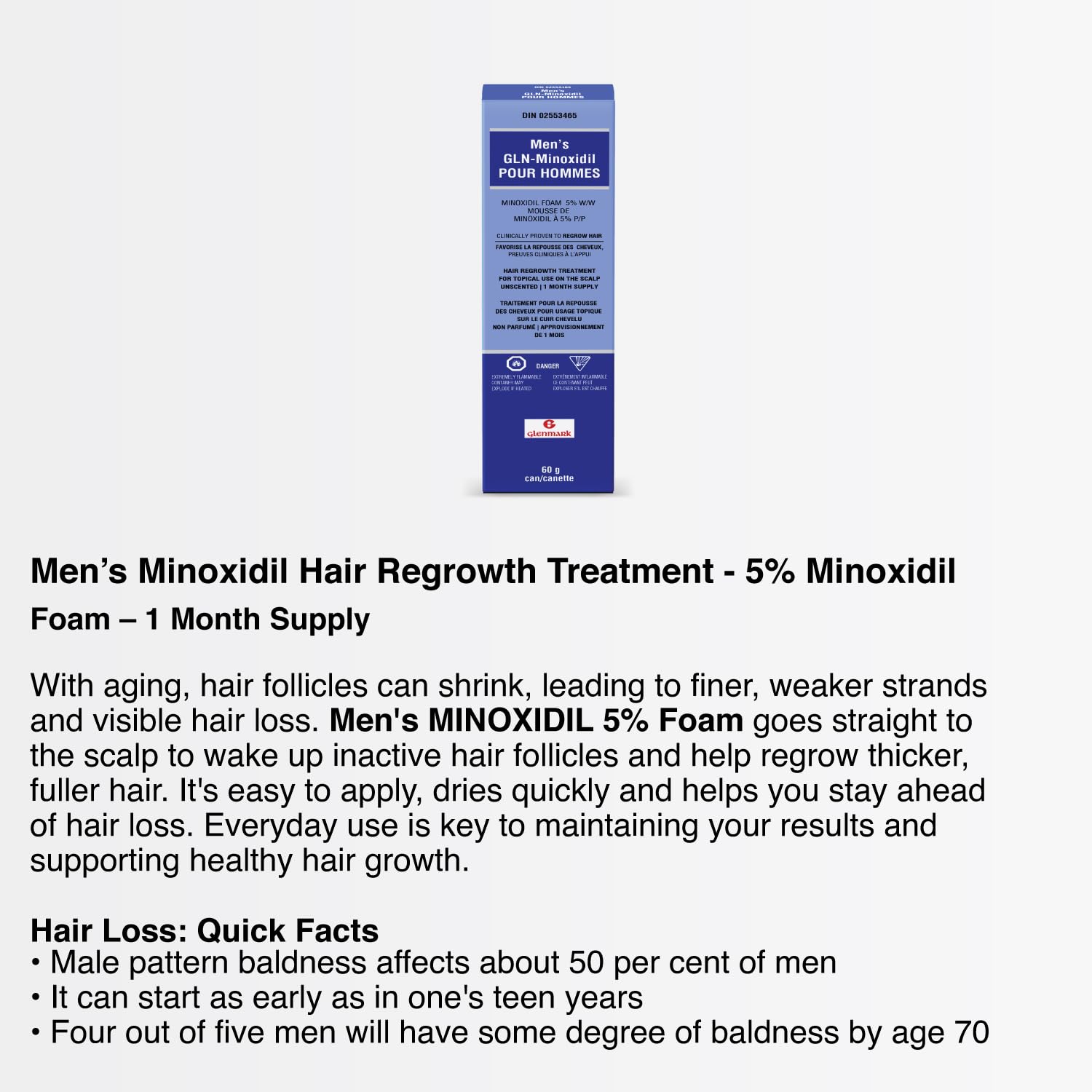 Glenmark | Minoxidil 5% Hair Regrowth Foam for Men, Aerosol Can, 1 Month Treatment (60 gr) – Mess-Free, Fast-Drying Formula for Thinning Hair & Hair Loss – Reactivates Follicles 🍁 All In One Marketplace Canada