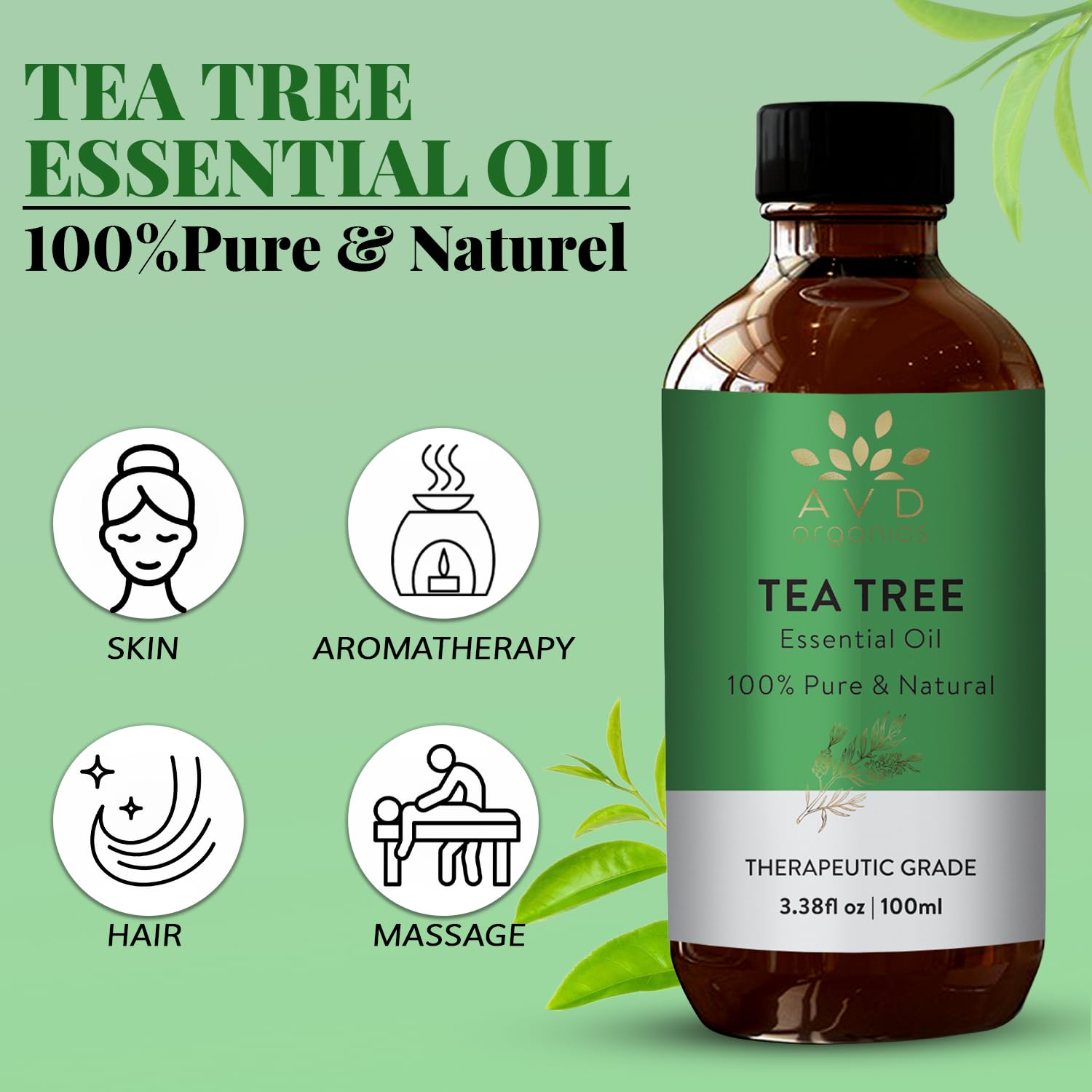 AVD Organics Tea Tree Oil | 100% Pure and Natural Tea Tree Essential Oil for skin | for Nail Fungus Face Aromatherapy Home Diffusers Carrier | 3.38 fl. Oz 🍁 All In One Marketplace Canada