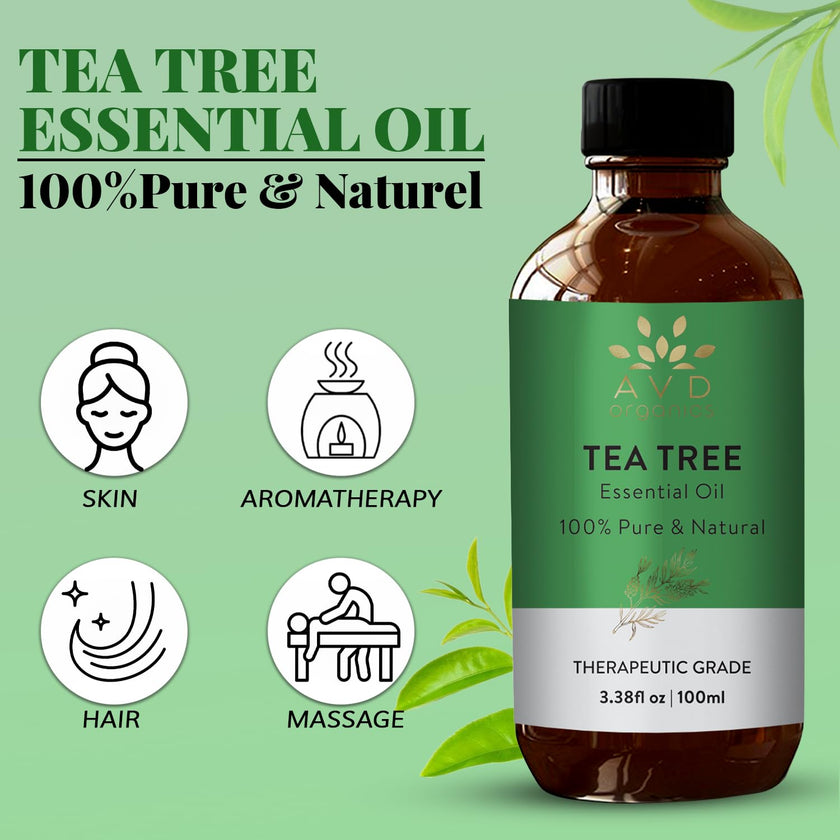 AVD Organics Tea Tree Oil | 100% Pure and Natural Tea Tree Essential Oil for skin | for Nail Fungus Face Aromatherapy Home Diffusers Carrier | 3.38 fl. Oz 🍁 All In One Marketplace Canada
