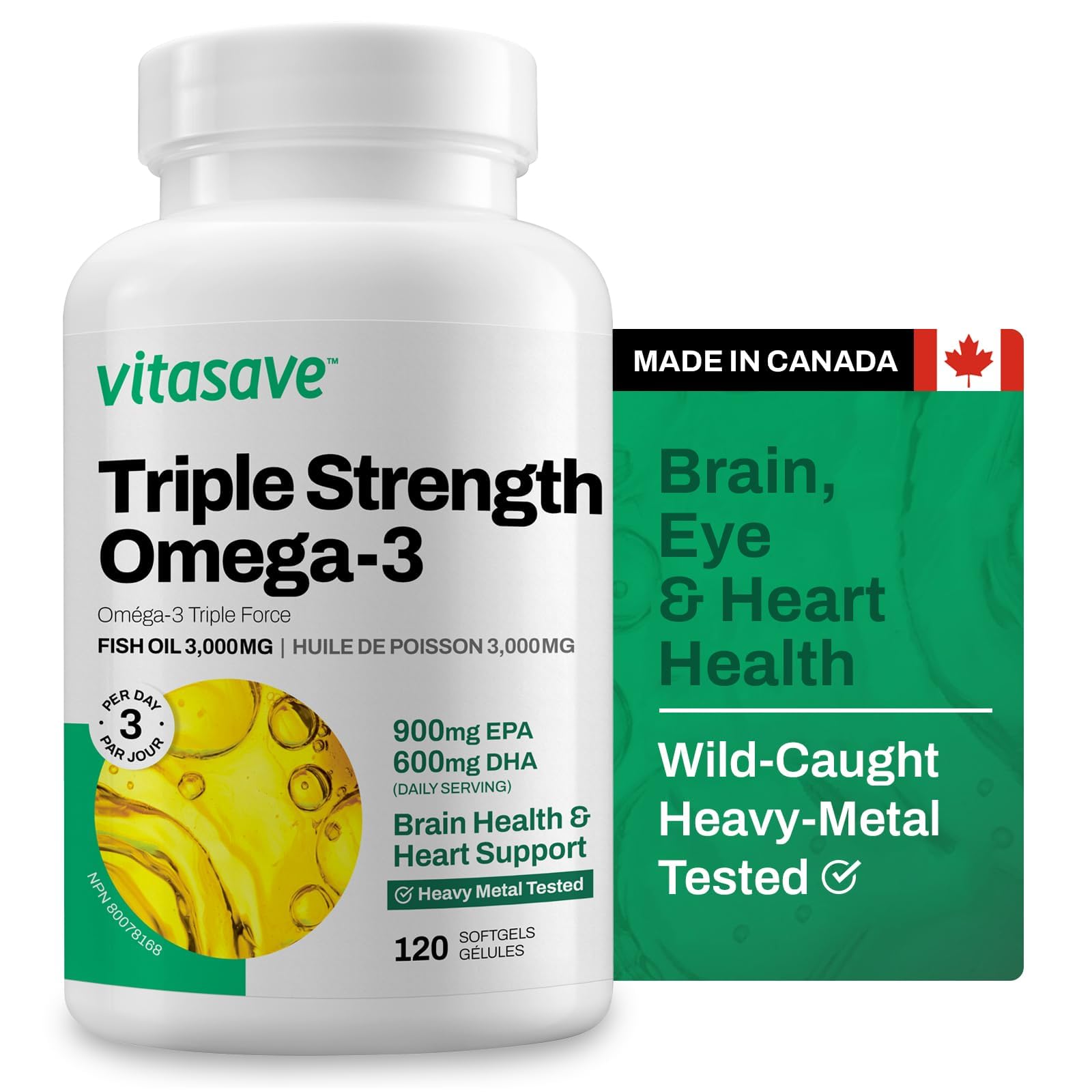 Vitasave Triple Strength Fish Oil Omega 3 Supplements – High-Potency 3000mg with 900mg EPA + 600mg DHA - Burpless Fish Oil Capsules for Heart, Brain & Joint Health - Non-GMO and Gluten-Free (120 Softgels - 40 Days Servings) 🍁 All In One Marketplace Canada
