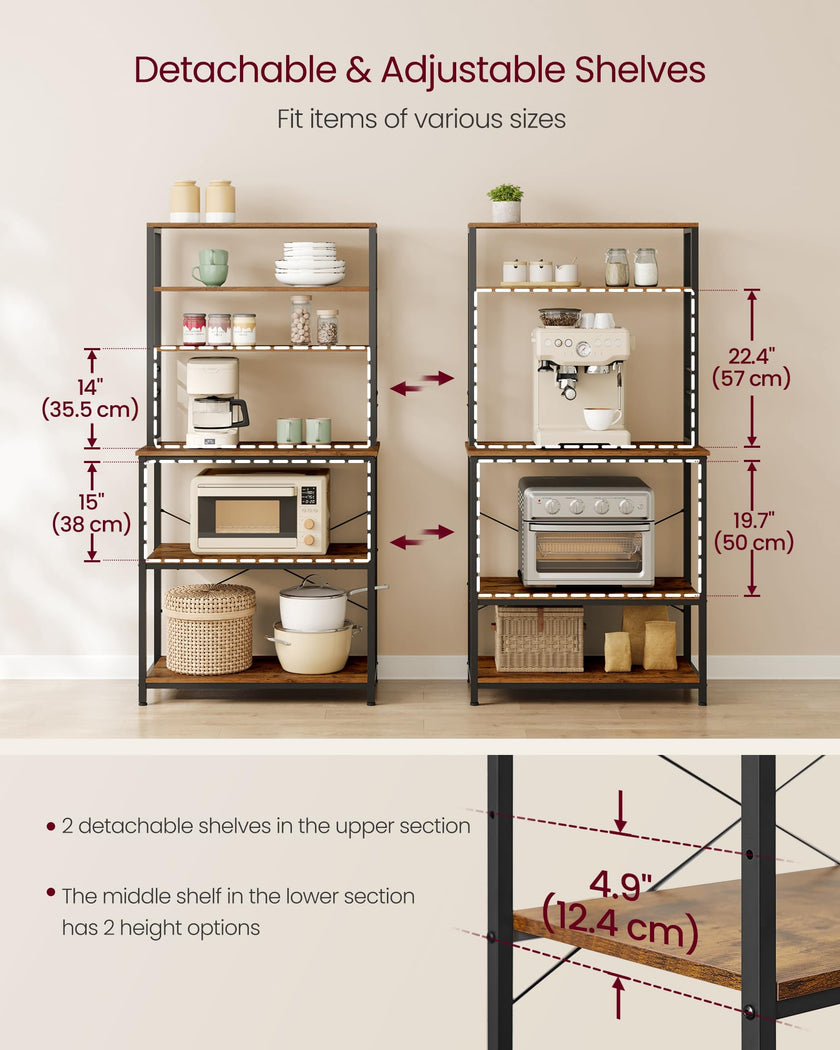 VASAGLE Coffee Bar, Baker’s Rack for Kitchen with Storage, 6-Tier Kitchen Shelves with 6 Hooks, Microwave Stand, Industrial, 15.7 x 31.5 x 65.7 Inches, Rustic Brown and Black UKKS019B01 🍁 All In One Marketplace Canada
