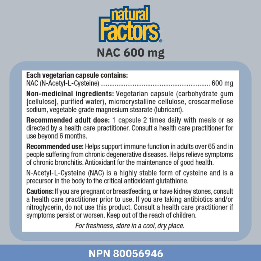 Natural Factors NAC Supplement (N-Acetyl-L-Cysteine), 600 mg, 180 Vegetarian Capsules, VALUE SIZE, Free Form Amino Acid, Helps Restore Glutathione Levels, Antioxidant Support, Proudly Canadian 🍁 All In One Marketplace Canada