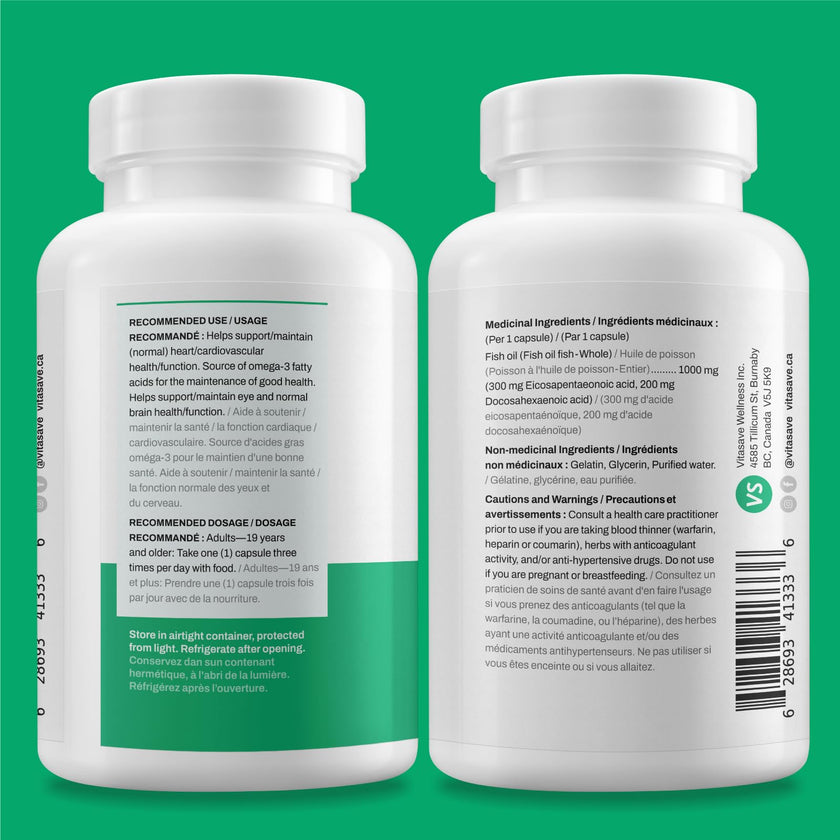 Vitasave Triple Strength Fish Oil Omega 3 Supplements – High-Potency 3000mg with 900mg EPA + 600mg DHA - Burpless Fish Oil Capsules for Heart, Brain & Joint Health - Non-GMO and Gluten-Free (120 Softgels - 40 Days Servings) 🍁 All In One Marketplace Canada