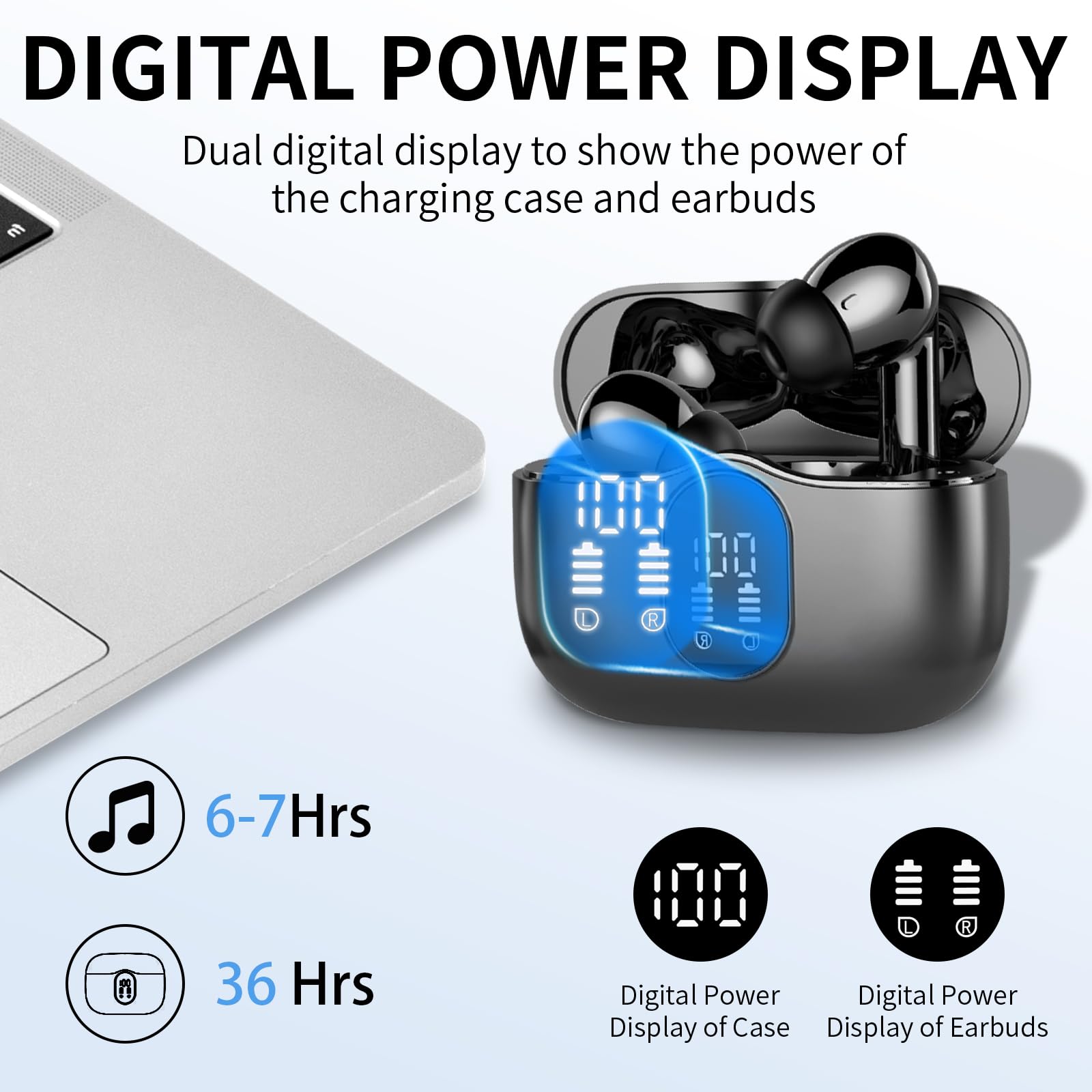 Wireless Earbuds, Bluetooth Headphones 5.4 HiFi Stereo, Wireless Earphones with ENC Noise Cancelling Mic, IP7 Waterproof in Ear Headphones, LED Digital Display Ear Buds, Touch Control, Black 🍁 All In One Marketplace Canada