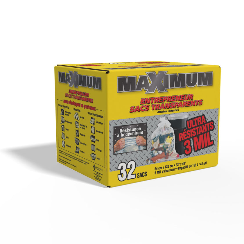 Maximum Heavy Duty Garbage Bags, 42-Gallon, 3 Mil, Clear Garbage Bags Extra Large, Tear Resistant, Industrial Strength, 32 Counts, Made In Canada 🍁 All In One Marketplace Canada