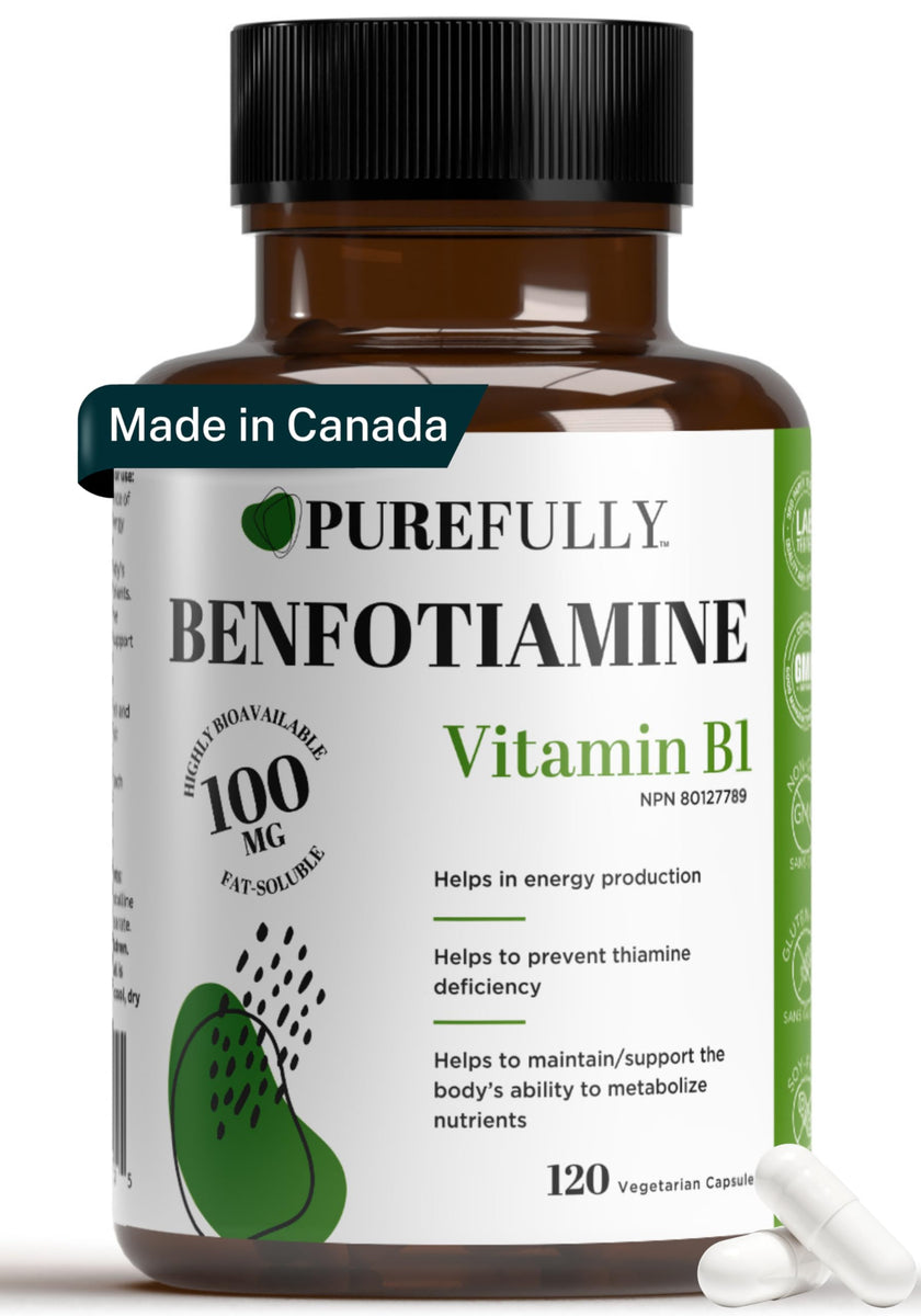 PUREFULLY Benfotiamine Vitamin B1/Thiamine 100mg, 120 Capsules - High Absorption Energy Support - Gluten Free, Non-GMO, Made in Canada 🍁 All In One Marketplace Canada