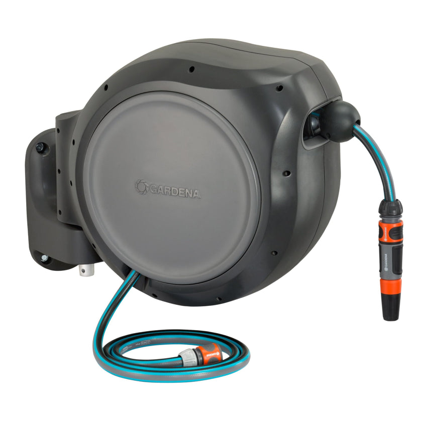 GARDENA 20505-80, 100 Foot Wall Mounted Retractable Reel with Hose Guide, Automatic retraction for Easy Watering,1/2