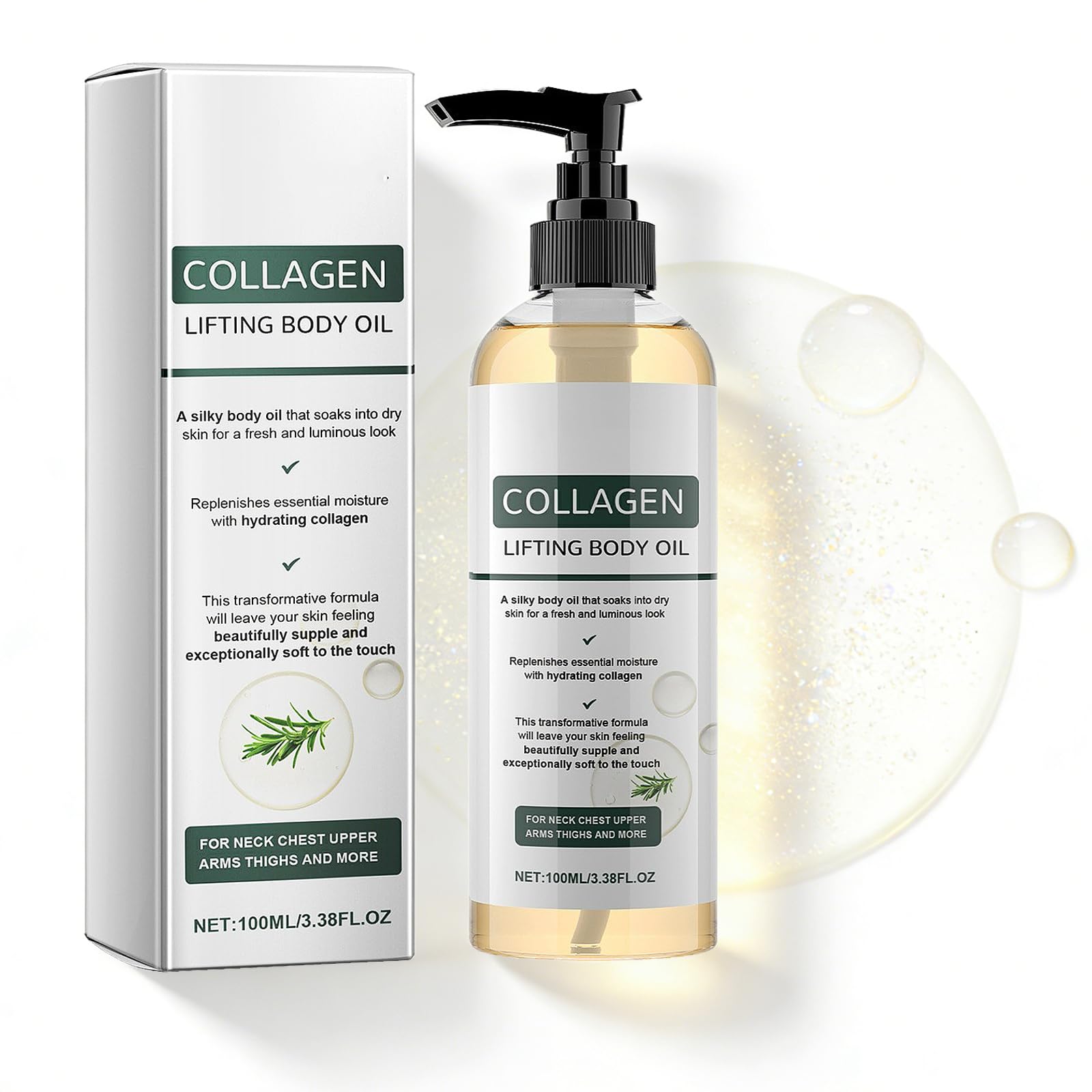 Collagen Lifting Body Oil with Vitamin E & Rosemary - Firming & Tightening Oil for Neck, Chest, Arms, Thighs - Hydrating Formula for Silky, Fresh, Luminous, and Supple Skin - 100ml (2PC) 🍁 All In One Marketplace Canada
