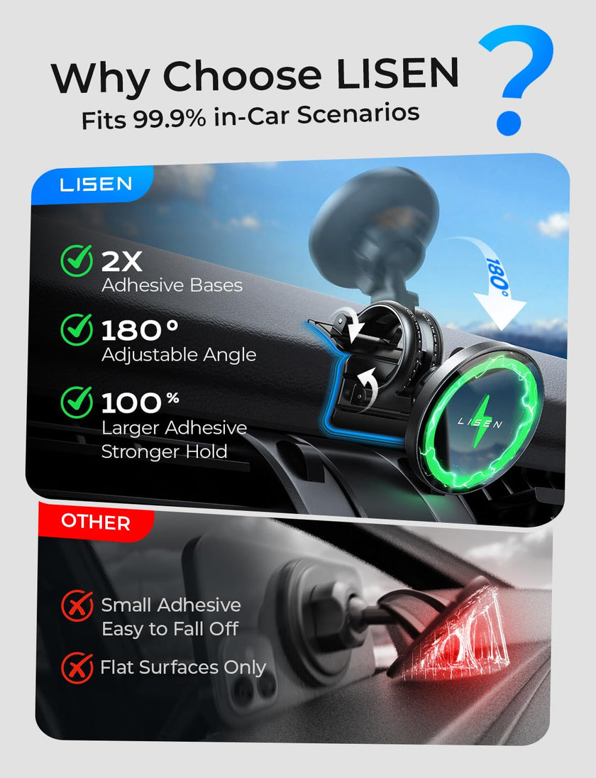 LISEN 15W for MagSafe Car Mount Charger【24 Strongest Magnets】 Phone Holder Car Magnetic Wireless Charger【360°】 Vent & Dashboard MagSafe Car Accessories for Mom for iPhone 17 Pro 16 15 14 13 🍁 All In One Marketplace Canada