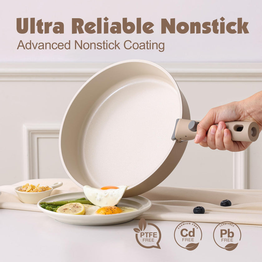 SENSARTE 17 Piece Ceramic Pots and Pans Set, Nonstick Detachable Handle Cookware, Induction Kitchen Cookware Set with Removable Handle, Dishwasher ＆ Oven Safe (Almond Beige) 🍁 All In One Marketplace Canada