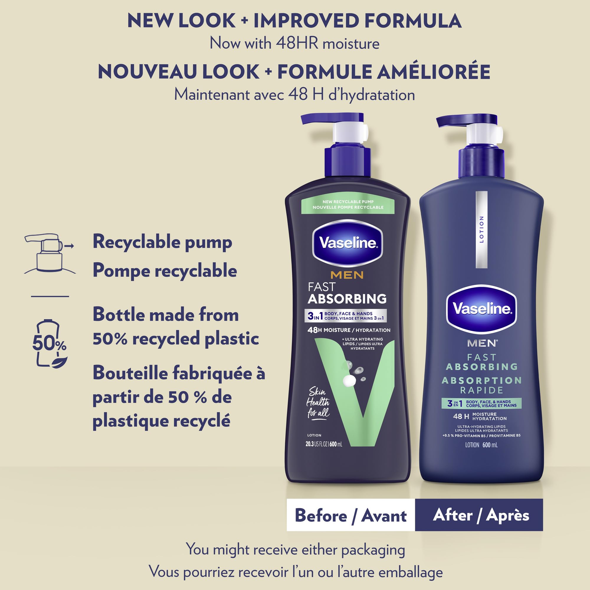 Vaseline Men 3 in 1 Body, Face & Hands Lotion 48 H Dry skin moisturizer, Fast Absorbing with Ultra hydrating lipids, 600 ml (3-pack) 🍁 All In One Marketplace Canada