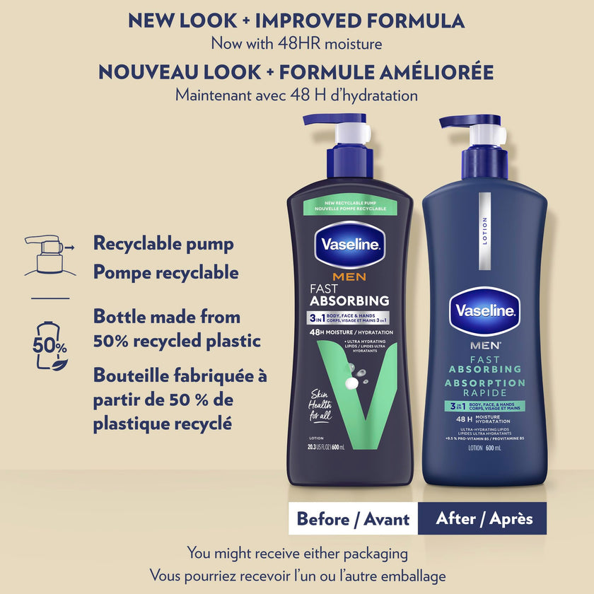 Vaseline Men 3 in 1 Body, Face & Hands Lotion 48 H Dry skin moisturizer, Fast Absorbing with Ultra hydrating lipids, 600 ml (3-pack) 🍁 All In One Marketplace Canada