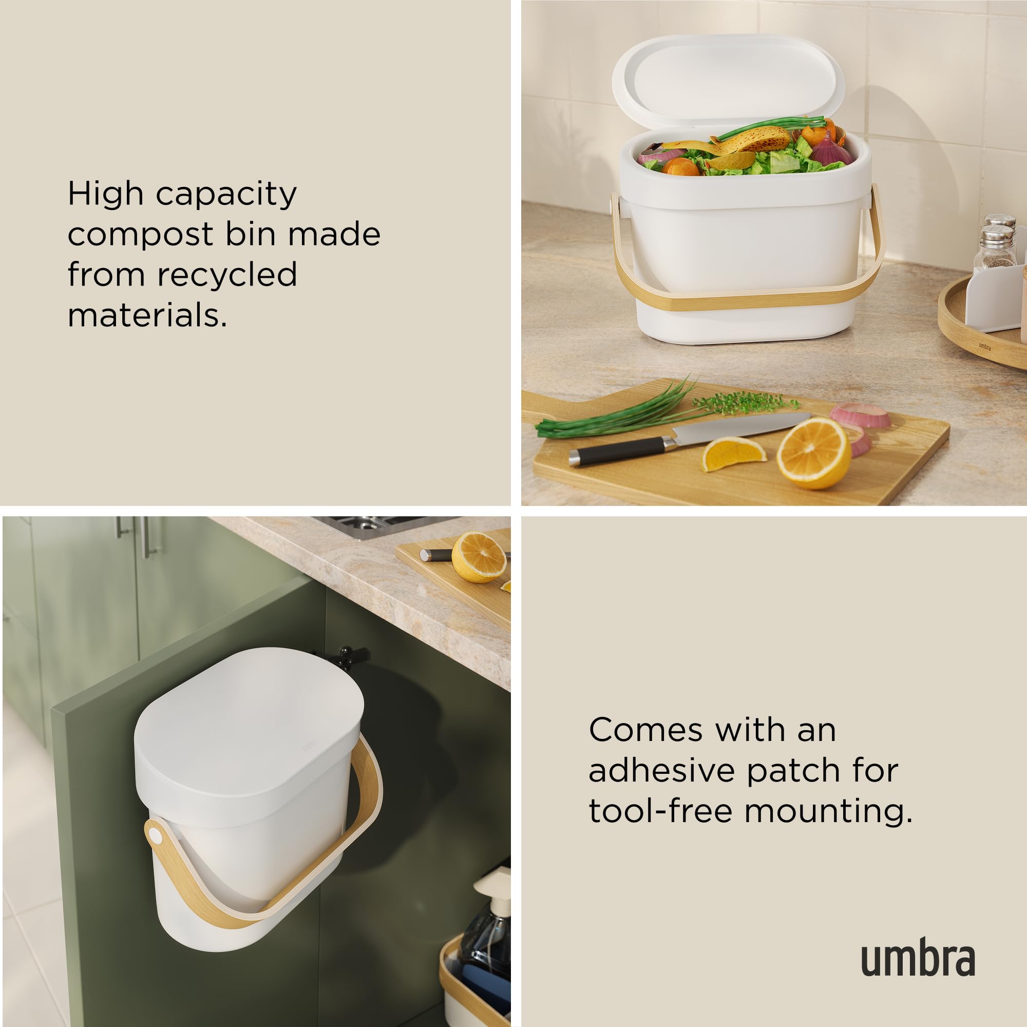 Umbra Bellwood Kitchen Compost Bin – White/Natural, Countertop or Cabinet Mounted, 4L Compost Container with Hidden Bag Retainer, BPA-Free & Dishwasher Safe| Bellwood Collection 🍁 All In One Marketplace Canada