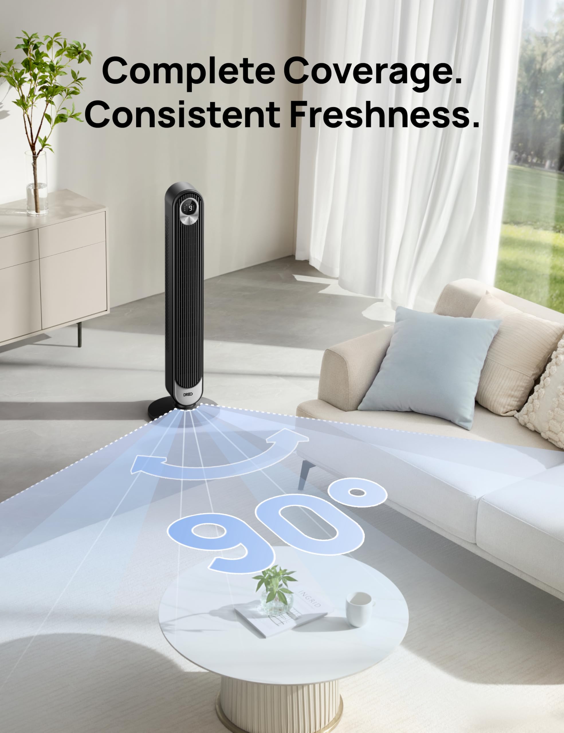 DREO Tower Fan for Bedroom, DC Motor, 28 ft/s, 20dB Quiet Oscillating Bladeless Fan with Remote, 9 Speeds, 4 Modes, 12H Timer, LED Display, Standing Floor Fan Powerful for Indoor Home Office Room 🍁 All In One Marketplace Canada