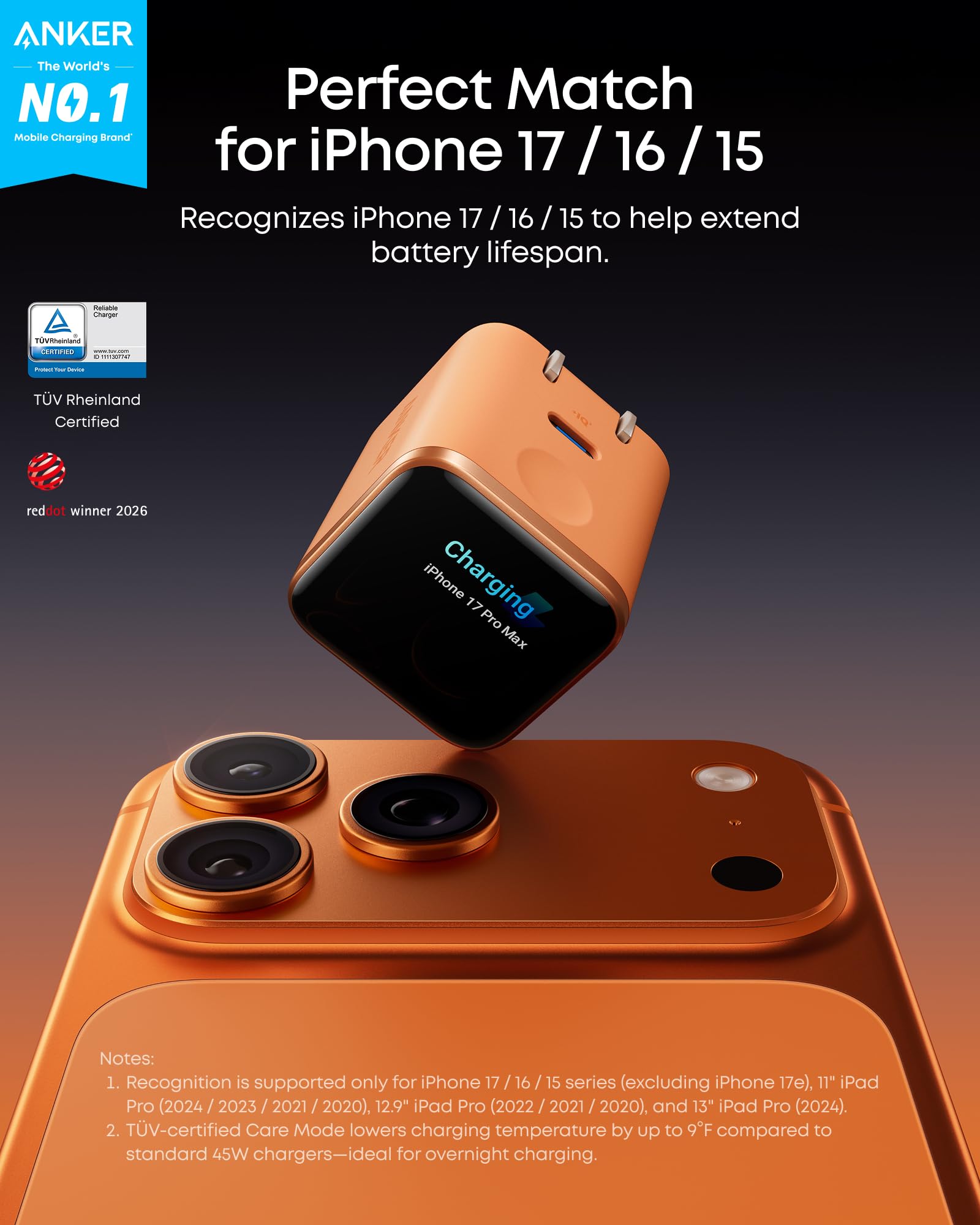 Anker Smart Display Charger,Anker Nano 45W Fast Charging USB C Charger with Smart Recognition,Built-in Care Mode,Compact with 180° Foldable Plug,for iPhone 17/16/15 Series,MacBook,Apple Watch (Orange) 🍁 All In One Marketplace Canada