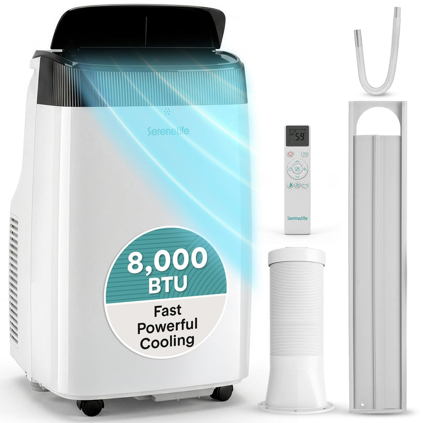 SereneLife Portable Electric Air Conditioner Unit-900W 8000 BTU Power Plug-in AC Cold Indoor Room Conditioning System with Cooler, Dehumidifier, Fan, Exhaust Hose, Window Seal, Wheels, Remote (SLPAC8) 🍁 All In One Marketplace Canada